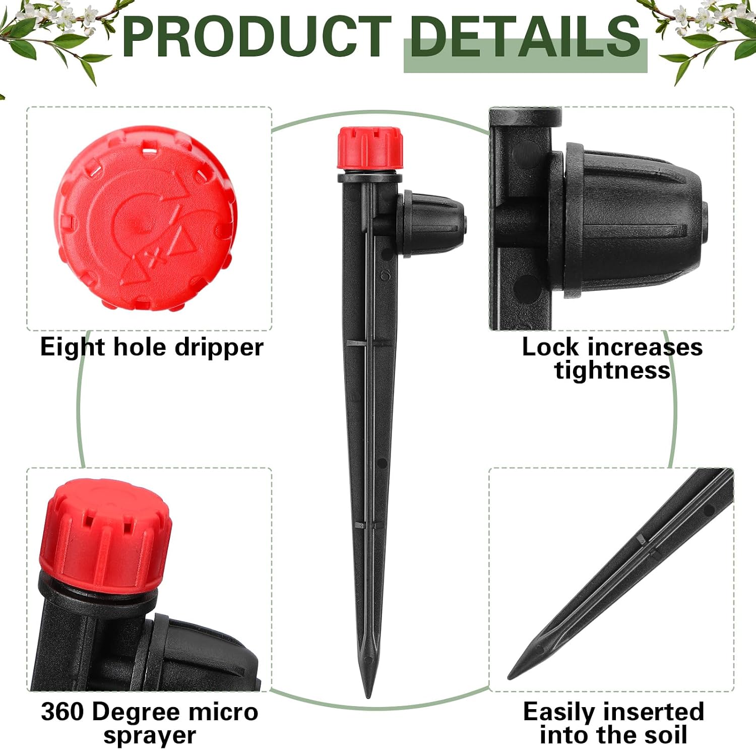 Rossesay 80 Pcs Drip Irrigation Emitters with Adjustable 360 Degree Water Flow Drippers for 1/4 Tubing Sprayer on 5.5 Arrow Stake for Garden System(Red, Black,Eight Hole Nozzle)