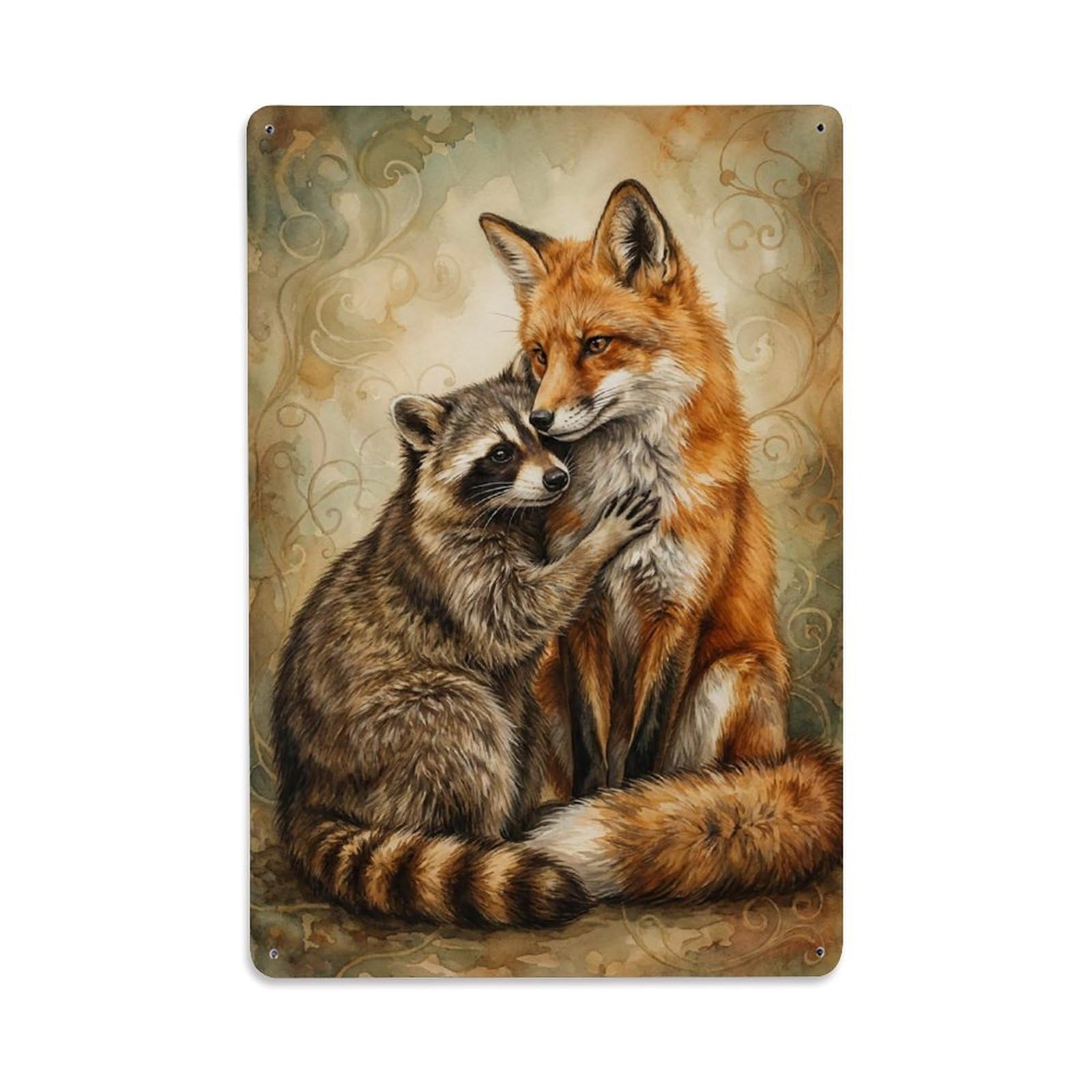 Vintage Animal Cute Fox & Raccoon Animal Friendship Metal Tin Sign