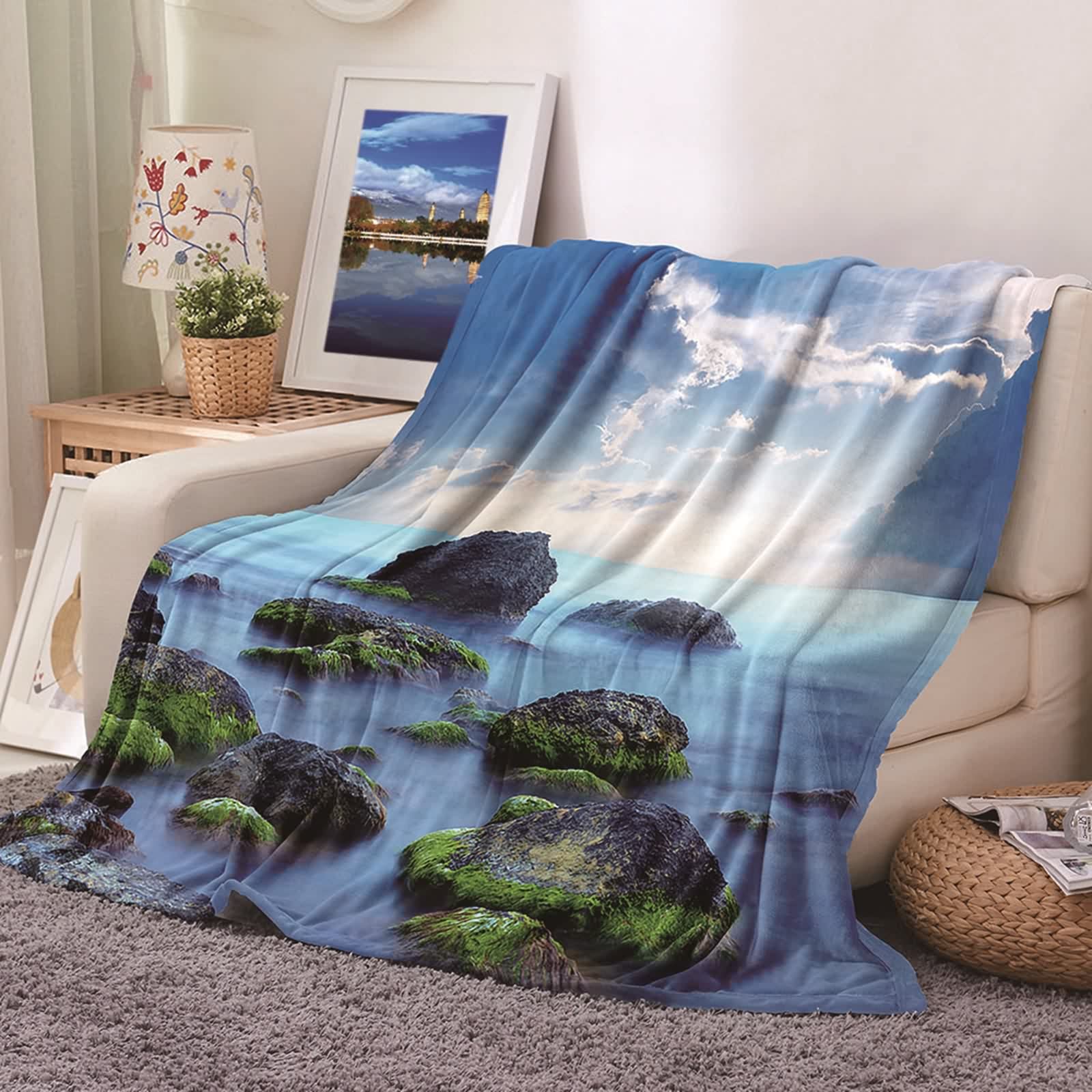 Couverture plaid polaire contre le froid flannel douce KnSam paysage vert bleu
