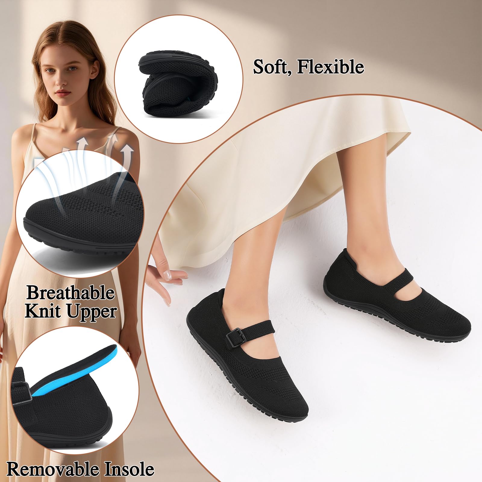 Wizshoe Bailarinas Barefoot Mujer Zapatos Planos de Verano Ligeros y Cómodos con Punta Redonda Bailarina de Punto con Correa y Hebilla 37–42EU