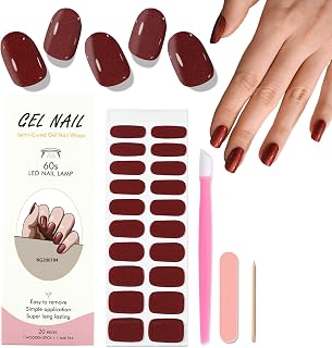 WOKOTO Semi Cured Gel Nail Strips, 20 Pcs Burgundy Red Glitter Semi Cured Gel Nail Polish Stickers Full Nail Wraps With Nail File & Wood Stick, UV Light Required, Salon Quality, Easy to Apply&Remove