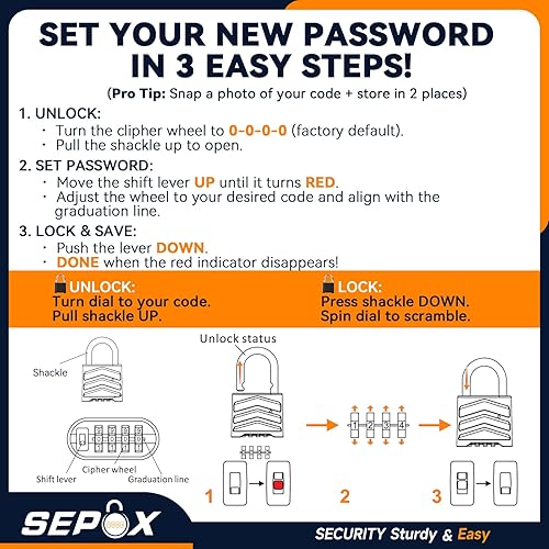 Miniatura 5 de SEPOX 4 candados combinados resistentes a la intemperie de 2.2 pulgadas, 4 cerraduras digitales grandes para exteriores, cuerpo de bloqueo de