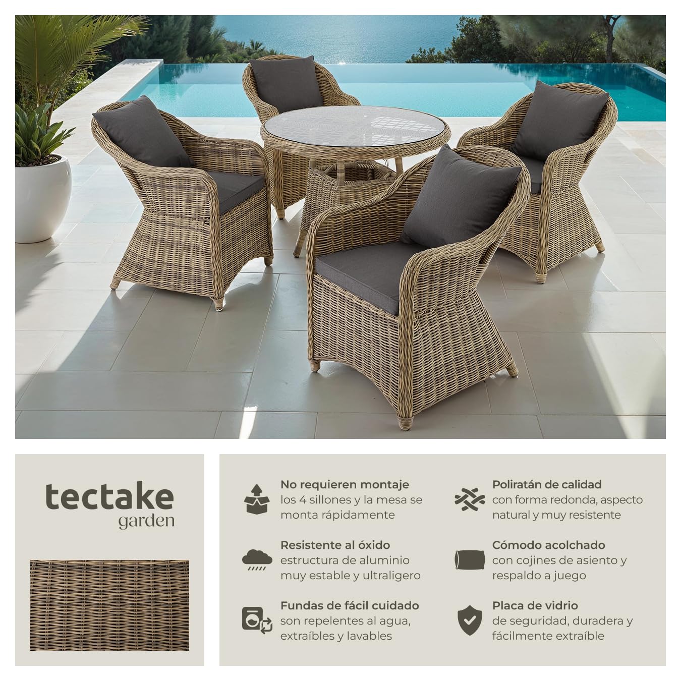 tectake® Conjunto Jardín Exterior de Ratán y Aluminio, 4 Sillones con Cojines y 1 Mesa Cristal, Muebles Jardín Exterior Impermebales y Resistentes a Intemperie, Topes en Patas, Sin Montaje - Natural