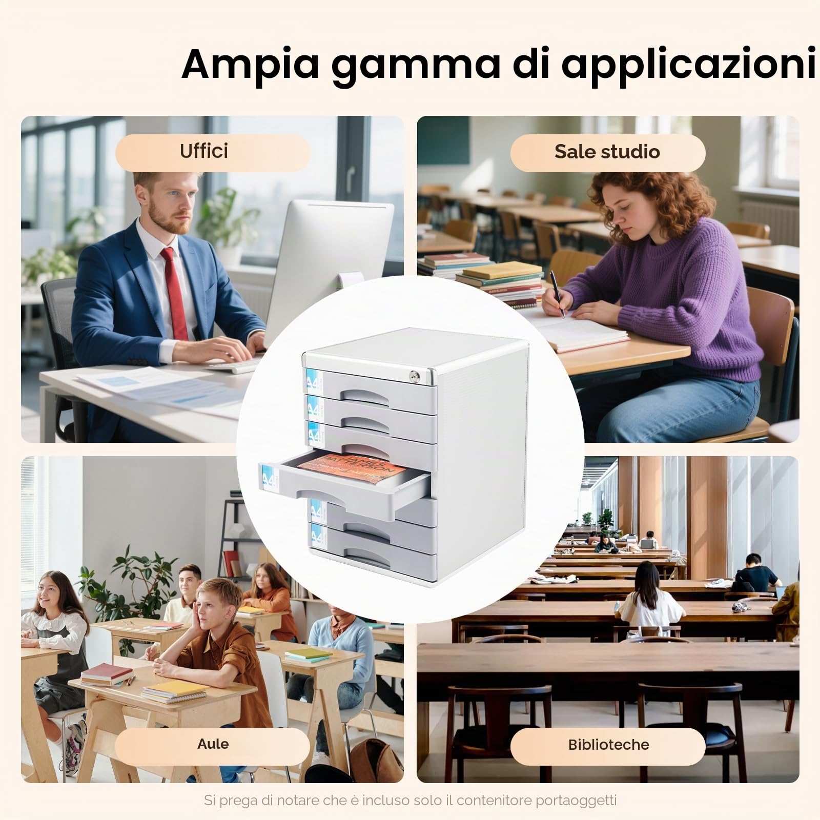 Cassettiera a 7 scomparti, robusta per ufficio, cassetti in metallo, con barra per scrivere e serratura di sicurezza, per riporre documenti e utensili in formato A4