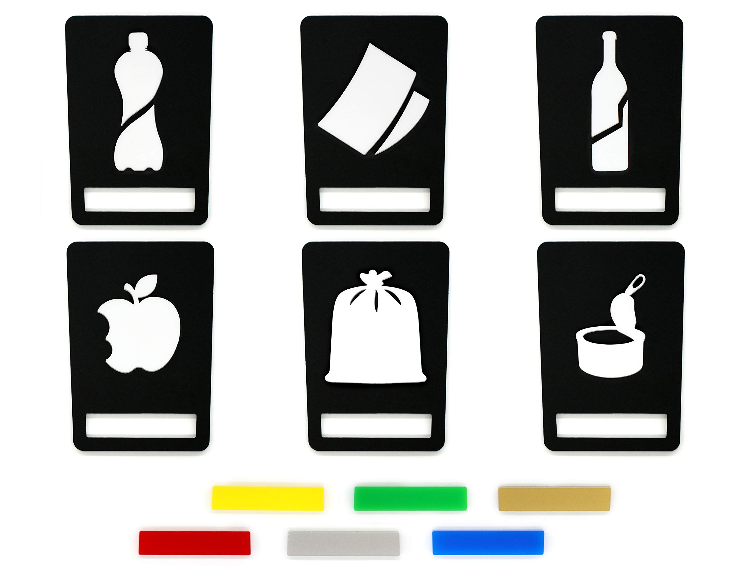 Signs - Design Kit, 6 pezzi, Personalizzabili - Adesivi Raccolta Differenziata, Etichette Adesive Differenziata rifiuti, A rilievo Targhette Simboli raccolta differenziata bidone - mod. 01 (Trapezio)