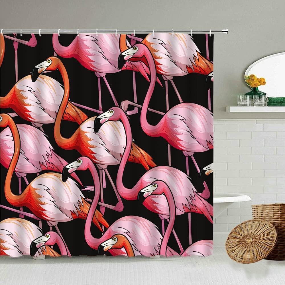 Tropical Green Plant Pink Flamingo Shower Curtain Banana Leaf Palm Tung Leaf Summer Bathroom Waterproof Polyester Screen S.6 90x180cm
