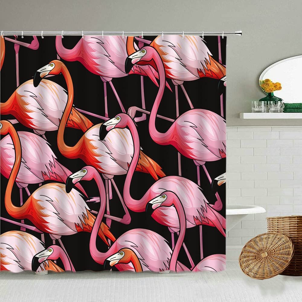 Tropical Green Plant Pink Flamingo Shower Curtain Banana Leaf Palm Tung Leaf Summer Bathroom Waterproof Polyester Screen S.6 90x180cm