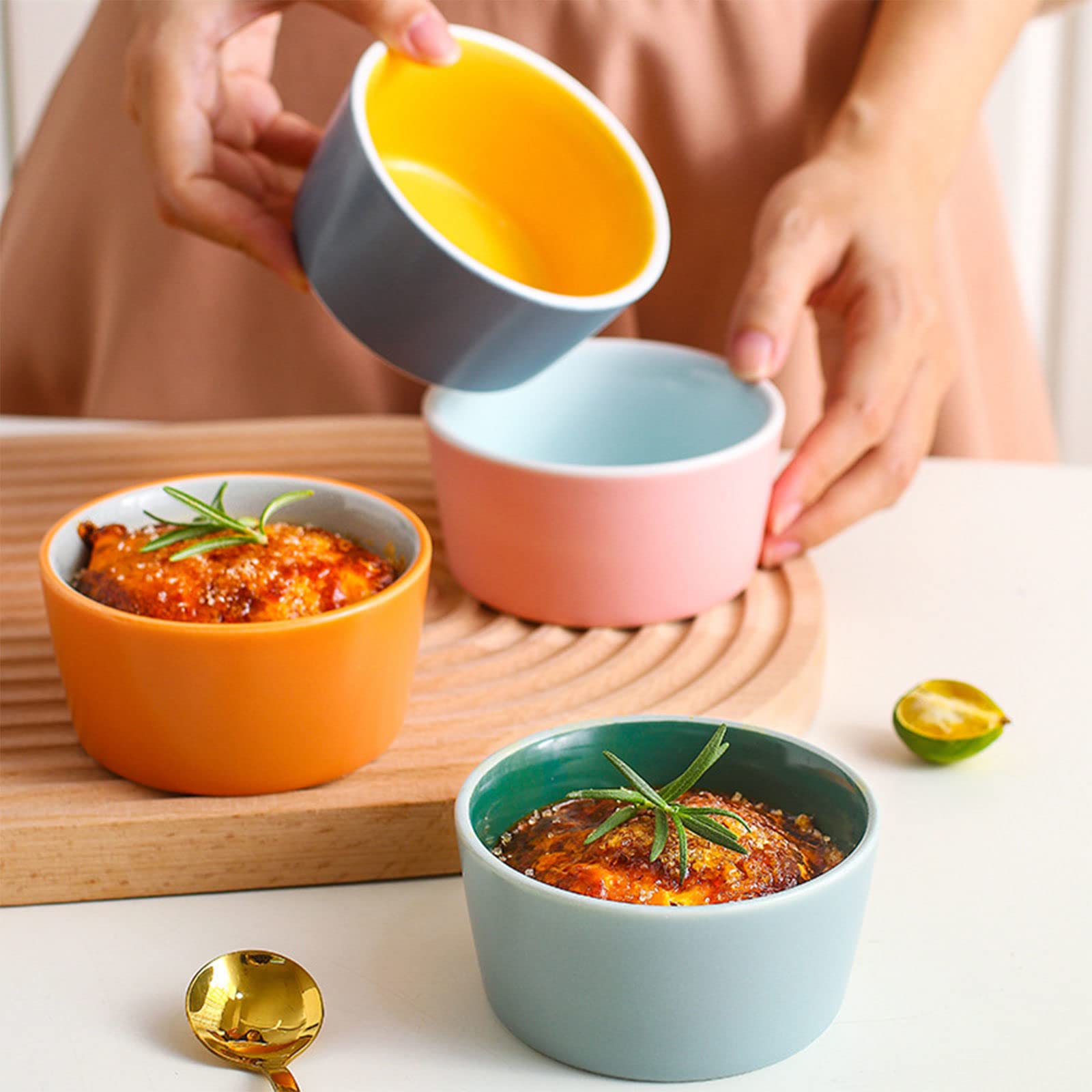 Bol à soupe, bol à riz, bol à déjeuner, ensemble de ramequins, 120 ml, ramequins à crème brûlée, plats à soufflé allant au four, ramequins à soufflé, ramequins for friteuse à air-vert-lot de 8 ( Color