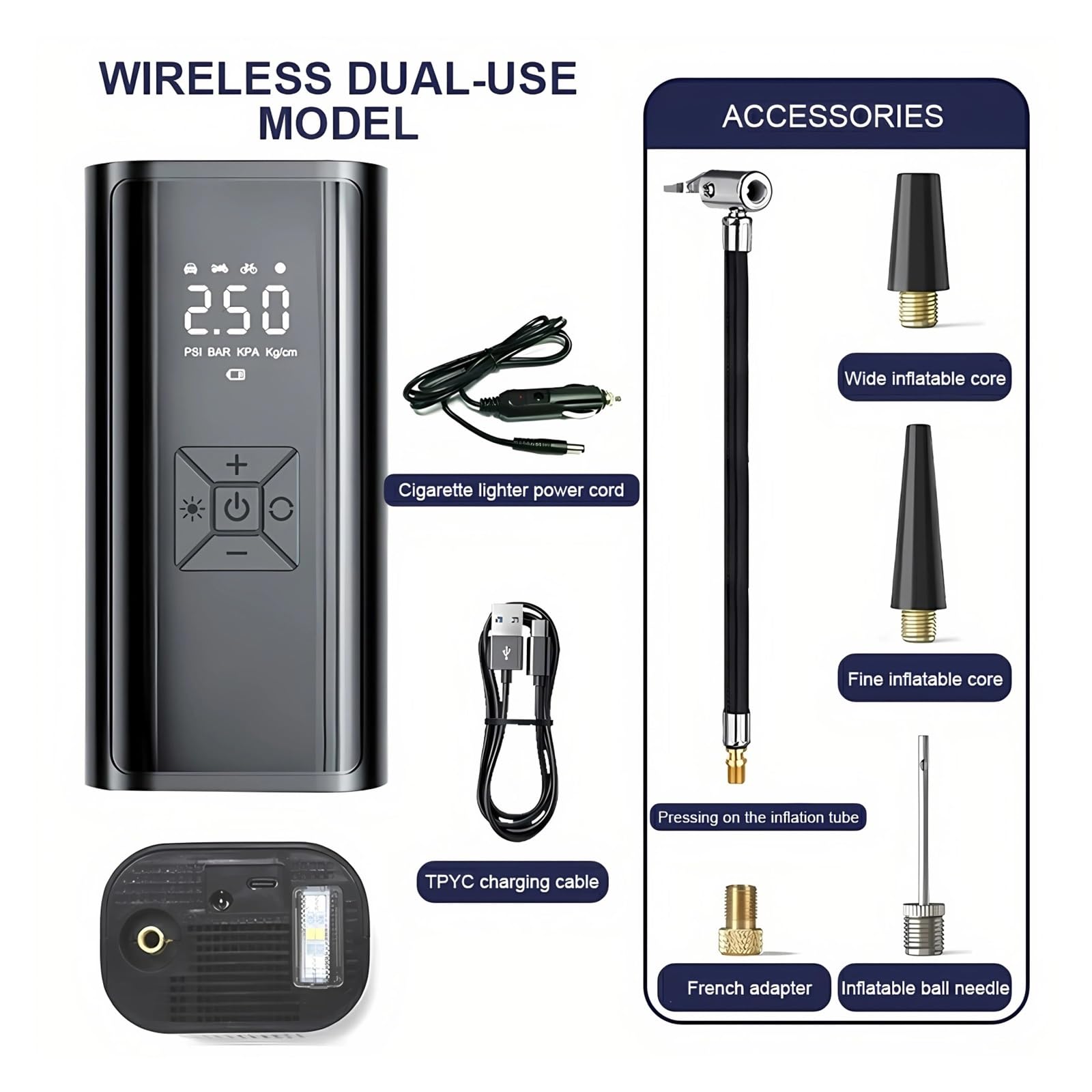 6000mAh Compressore d'Aria for Auto Portatile 12V 150PSI Elettrico Wired/Wireless Pompa di Aria for Gonfiaggio for Moto Bicicletta Palla Inflazione Istantanea(Dual-Use Model)