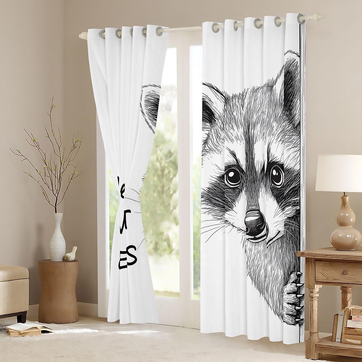 Feelyou Raccoon Curtains for Bedroom Living Room White Blackout Shades Kawaii Room Darkening Curtain Cute Window Treatments, 2 Panels 38 x 45 Inch Funny Animal Decor image 3