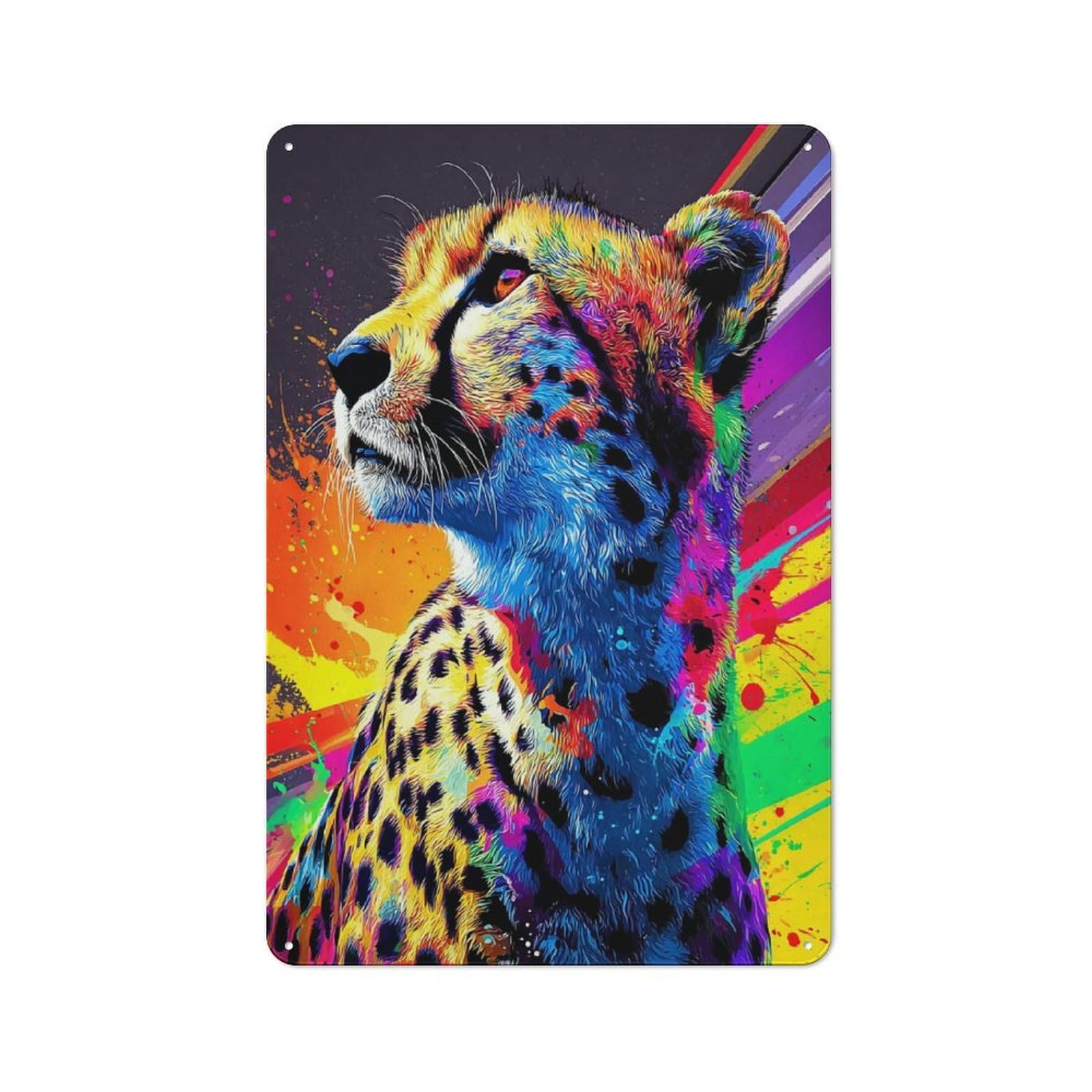 Junmoney Colorful Cheetah Vibrant Wildlife Art Vintage Bistro Metal Sign 30X20cm, Bistro Wall Plaque For Takeaway, Bar, Kitchen Or Counter Area