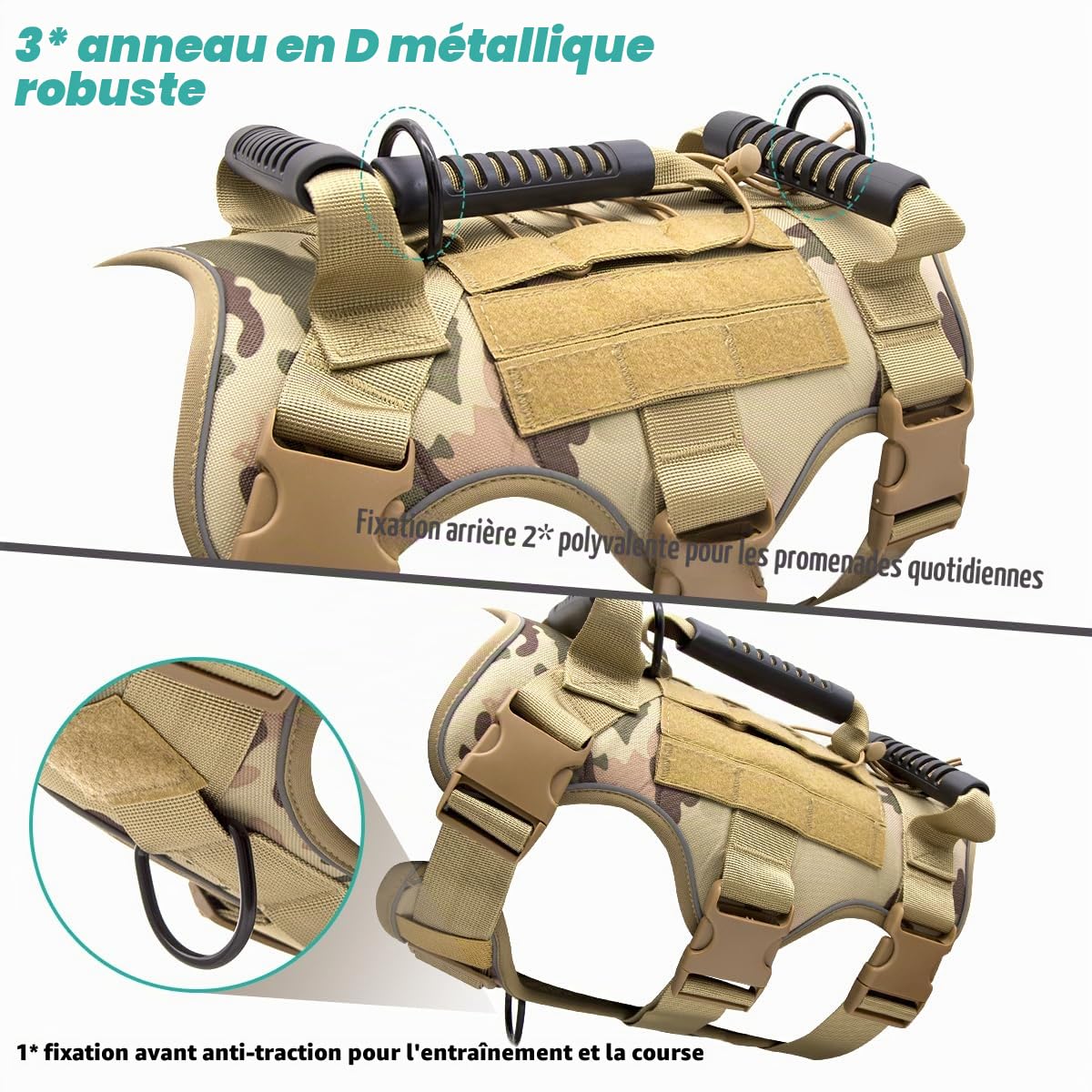 Harnais Chien, Harnais Anti Traction pour Chien RéGlable, Réfléchissant Harnais en Y avec 3 Poignée ContrôL, Facile à Mettre, Respirant Veste Tactique (Camouflage, M)