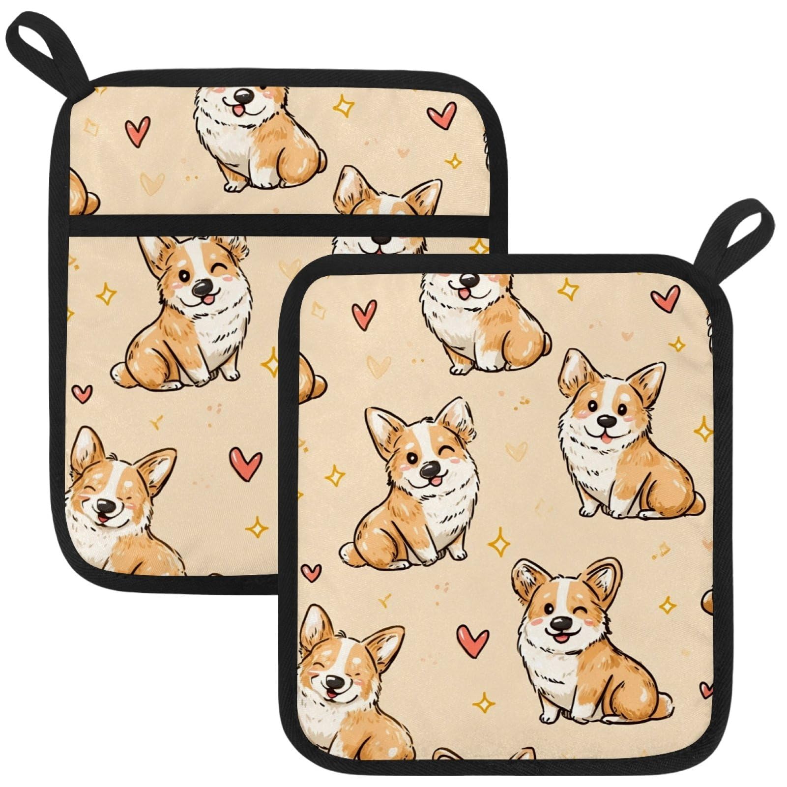 VAPOKF Corgi Heat Resistant Pot Holders, Thick Pot Holders Pad with Hanging Loop for Kitchen, Oven Cloth Pads for Kitchen Baking Microwave Oven