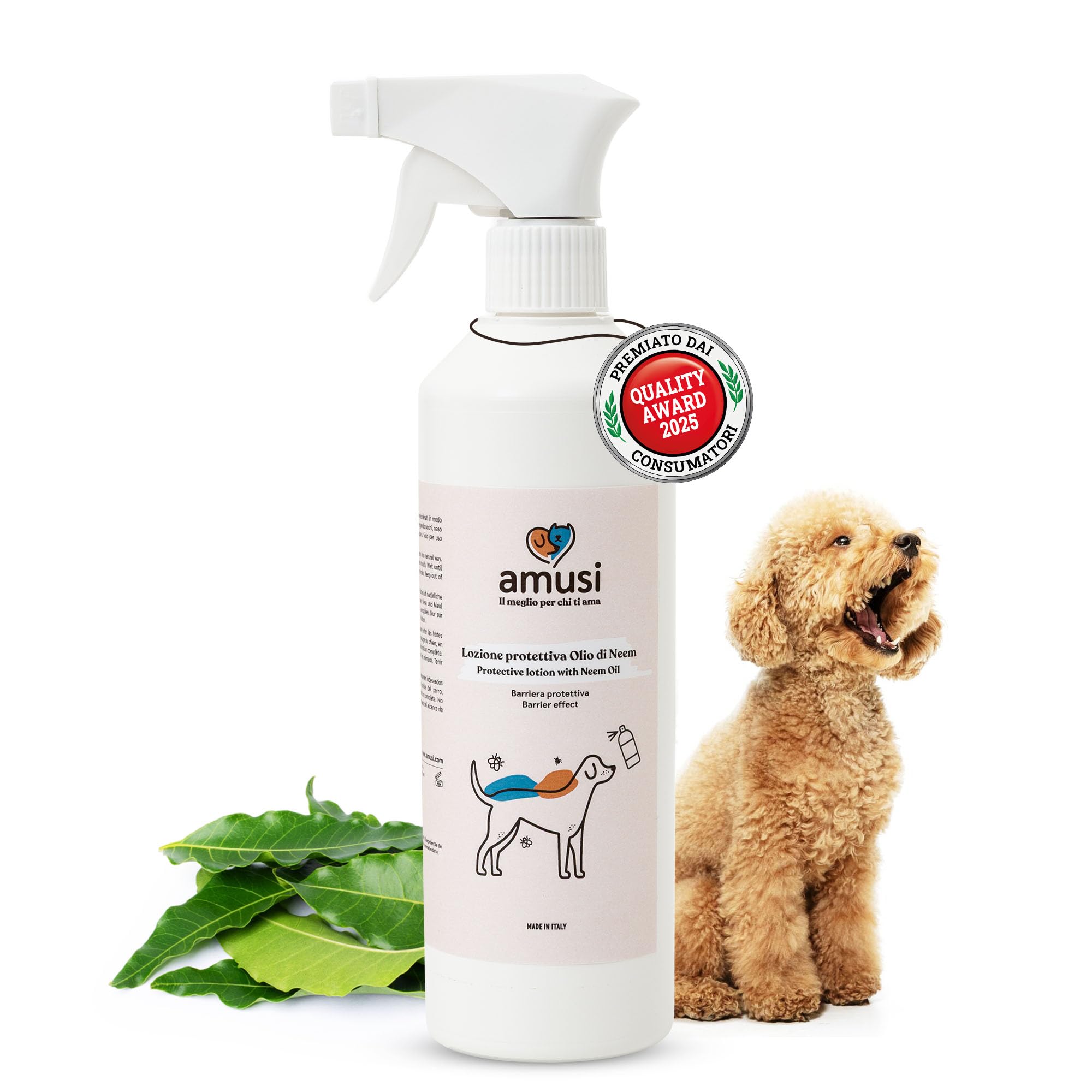 amusi Olio di Neem per Cani - 500 ml - Spray per cani - Protezione naturale - Spray contro zecche mosche acari pidocchi - Repellente zecche per cani - Olio neem cane 100% naturale