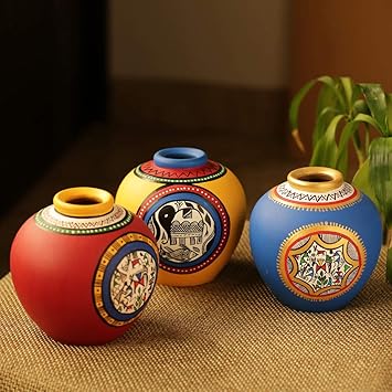 ExclusiveLane Madhubani & Warli Handpainted Living Room & Bedside Home Decorative Flower Terracotta Vases (Set of 3, Blue, Yellow & Red) (EL-018-033)