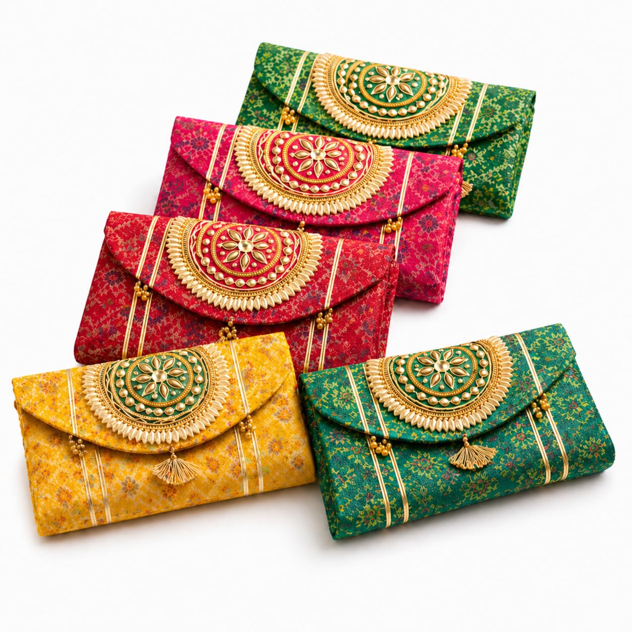Jaipur Ace Women Ethnic Embroidered Clutch Bag with Golden Handwork & Tassel | Traditional Wedding Party & Festive Shagun Purse |Return Gift Clutch Set (Pack of 5)