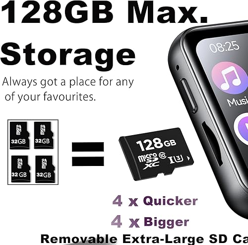 Miniatura 4 de Reproductor de MP3 con tarjeta TF de 128 GB, reproductor de audio con sonido Bluetooth 5.4 sin pérdidas, pantalla táctil de 2 pulgadas, reproductor
