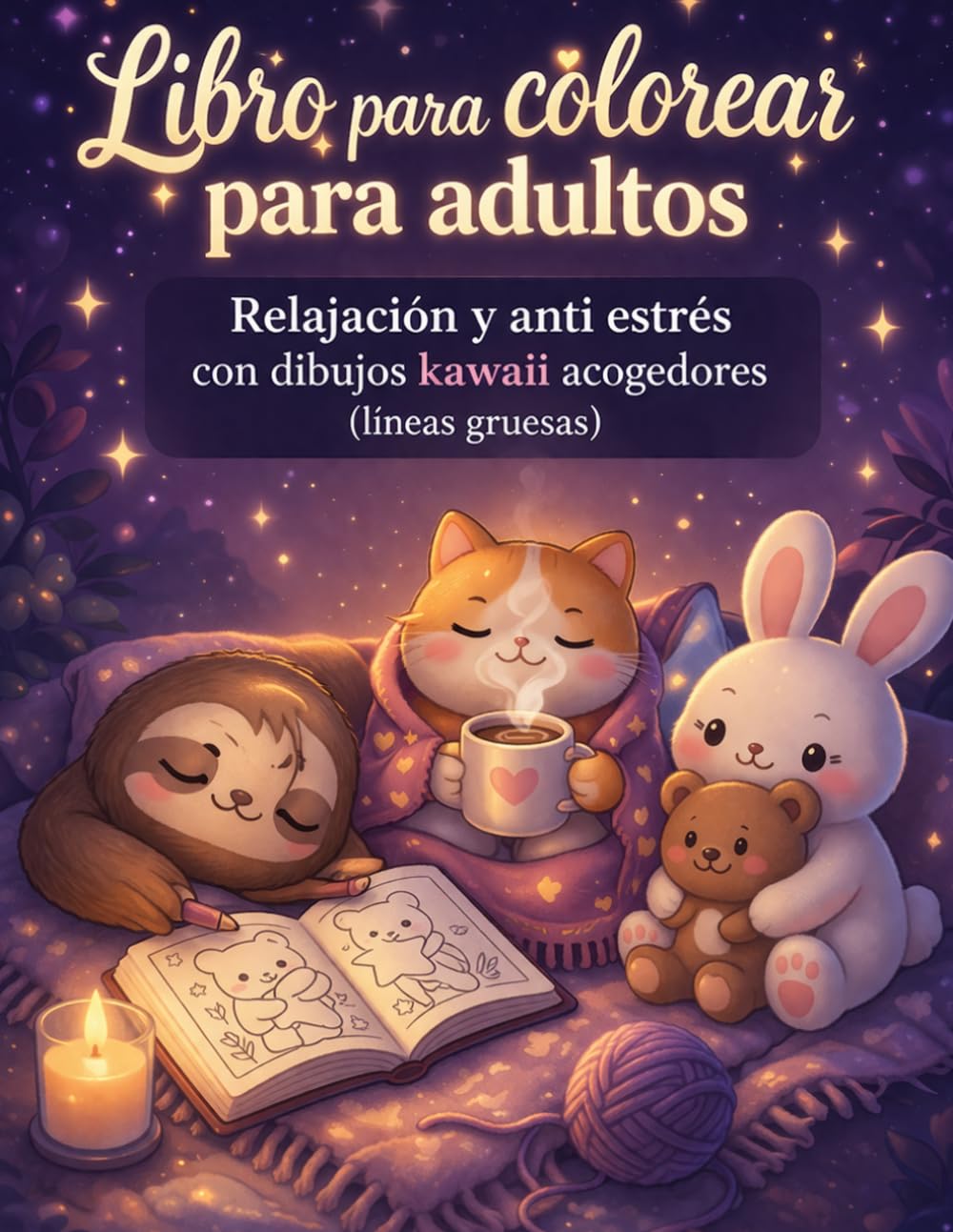 Libro para colorear para adultos: Relajación y anti estrés con dibujos kawaii acogedores (líneas gruesas)