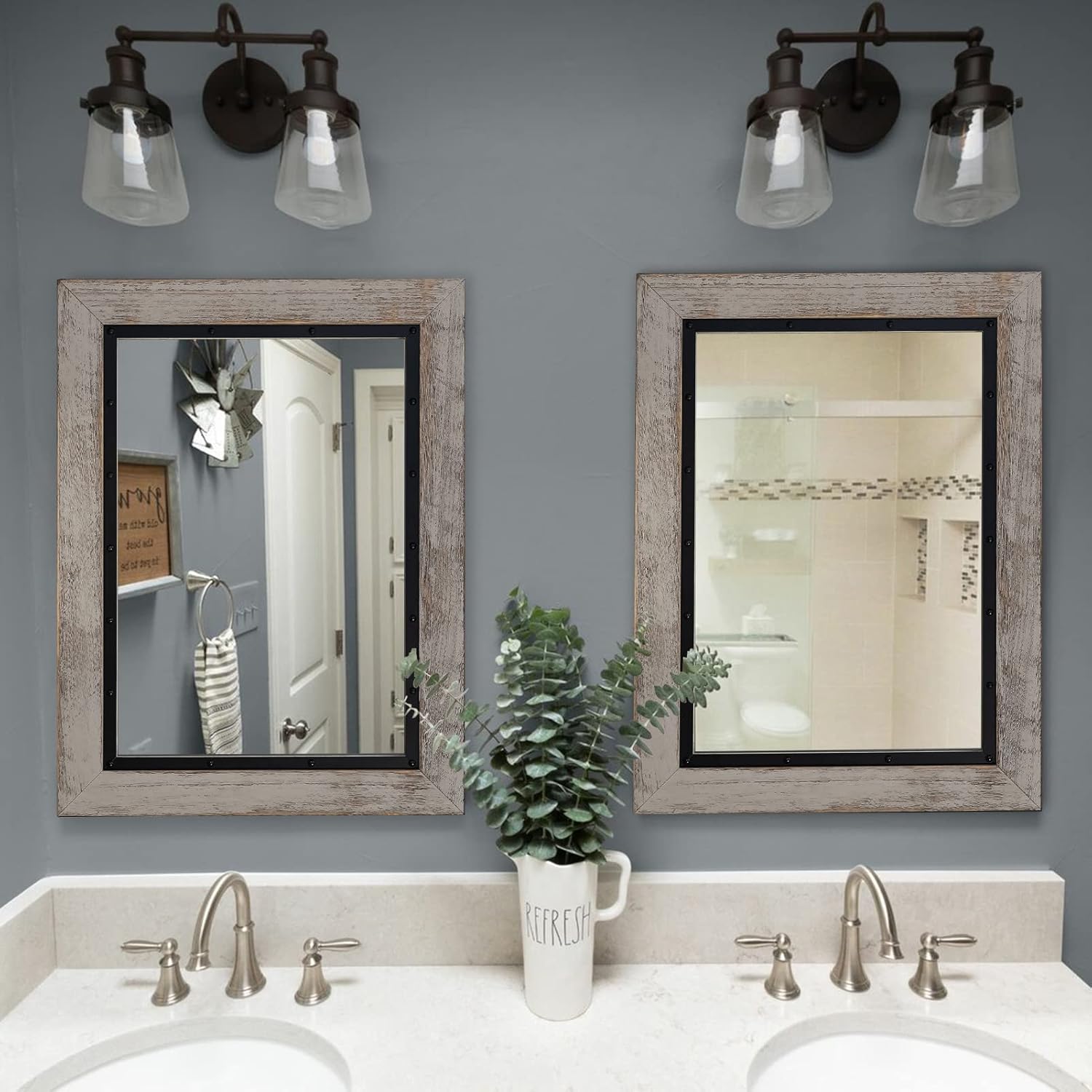 YOSHOOT Rustic Wooden Framed Wall Mirror, Natural Wood and Iron Bathroom Vanity Mirror for Farmhouse Decor, Vertical or Horizontal Hanging, 60" x 30", Grey