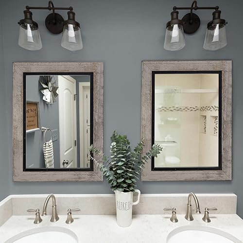 Miniatura 3 de YOSHOOT Espejo de pared con marco de madera rústica, 32 x 24 pulgadas, espejo de tocador de baño de madera natural y hierro para decoración de