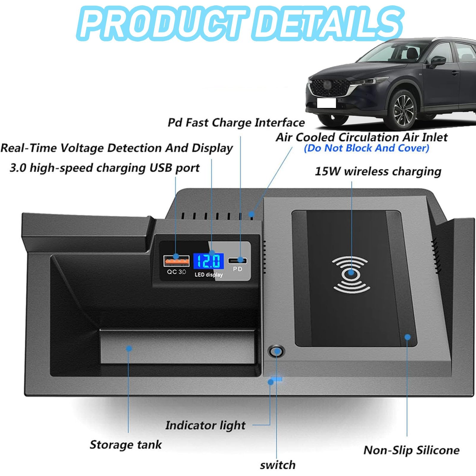 Caricabatterie Wireless per Auto per Tutti i Modelli Cx-5 Accessorio con 15 W Wireless e USB Qc3.0 Ricarica Rapida Regalo per la Famiglia