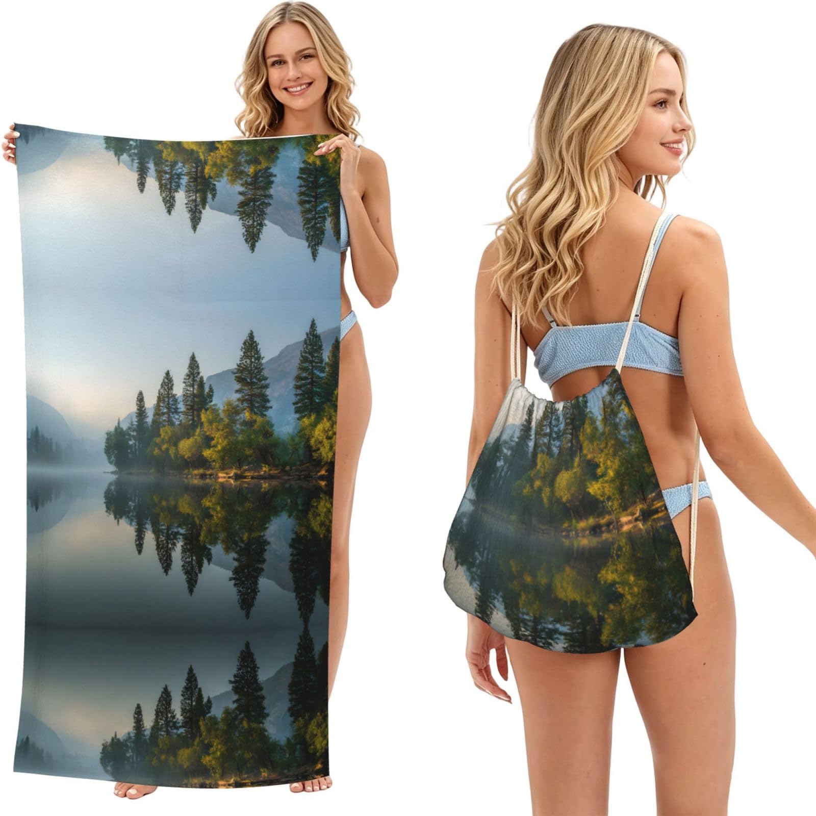ESNAIUVCD Lake Reflection Print Beach Towel For Adults,Towel With Drawstring Bag, Travel Pool Swimming Sports Shower Sand Free Quick Dry Bath Towel For Pool, Beach, Yoga- 180x60cm