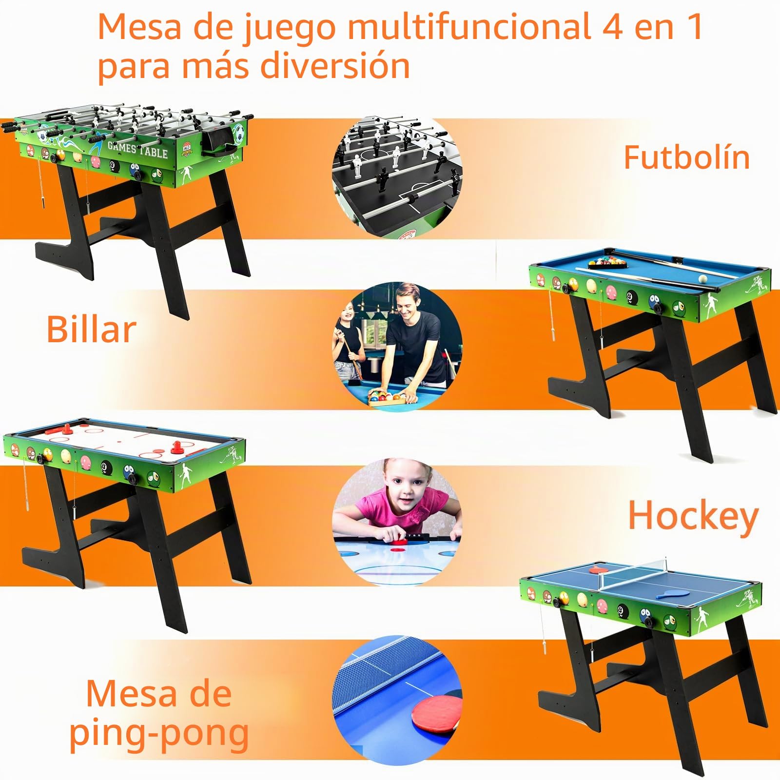 mesa de juego múltiple 4 en 1 – Piscina/Air Hockey/Tenis de mesa plegable de 4 pies con accesorios – Deportiva interior para noche de juegos familiares (103 x 58 x 73 cm)