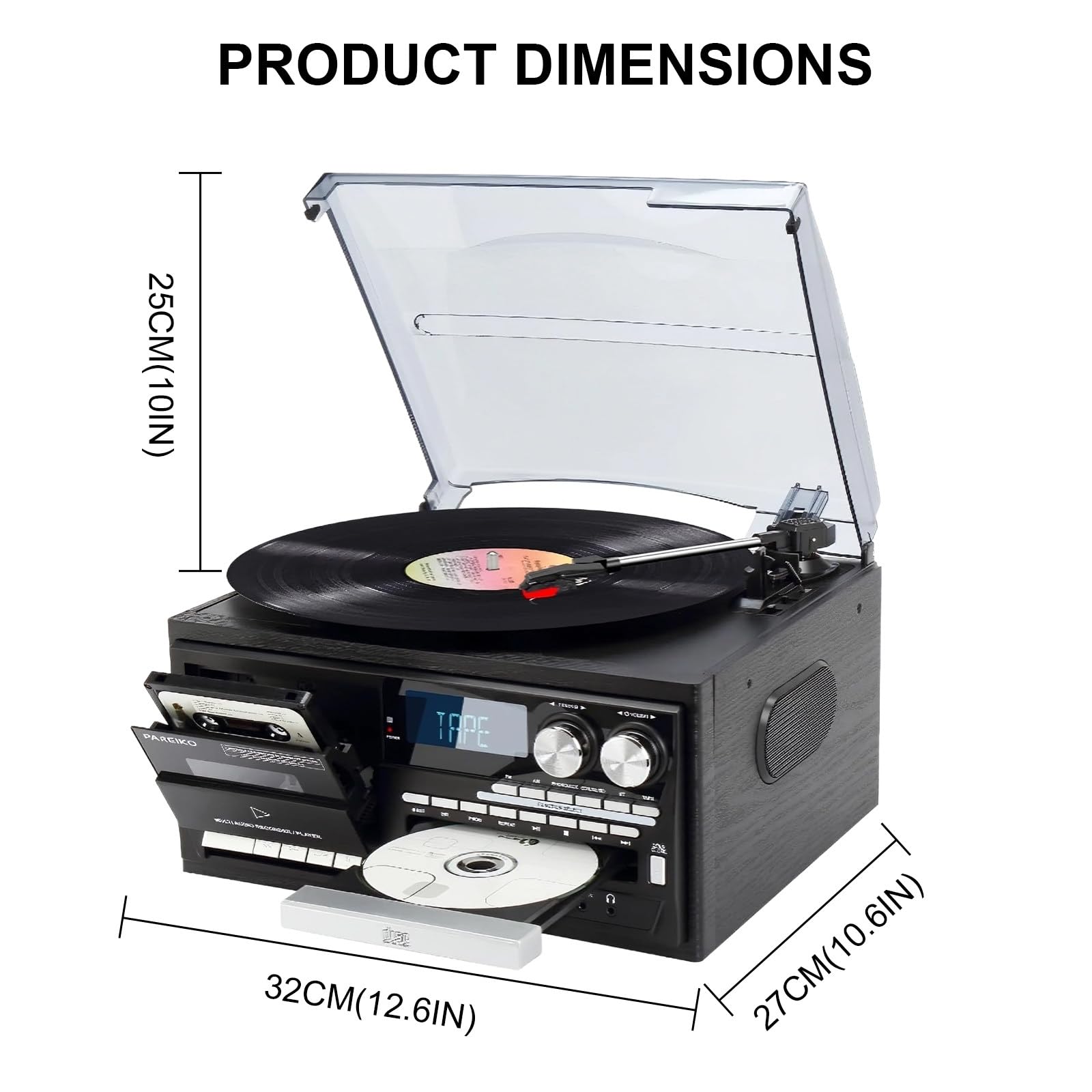 Giradischi a 3 velocità, giradischi in vinile, riproduzione di CD e cassette, sistema audio classico per gli amanti della musica