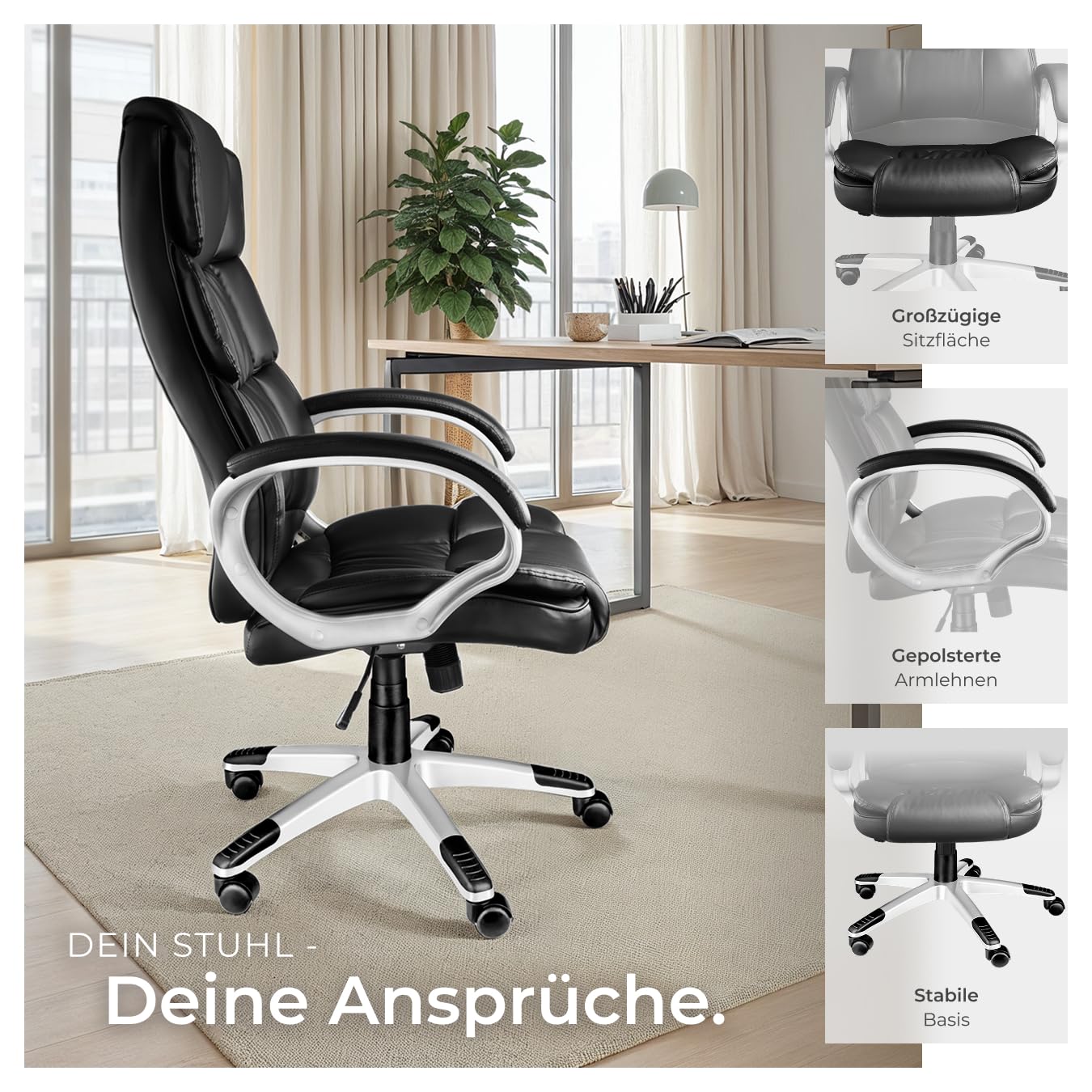 tectake® Chefsessel, Bürostuhl mit 12 cm Polsterung, Schreibtischstuhl mit Armlehnen & Wippfunktion, ergonomischer Bürostuhl, höhenverstellbar, PC Stuhl, Drehstuhl mit Rollen in Lederoptik - schwarz