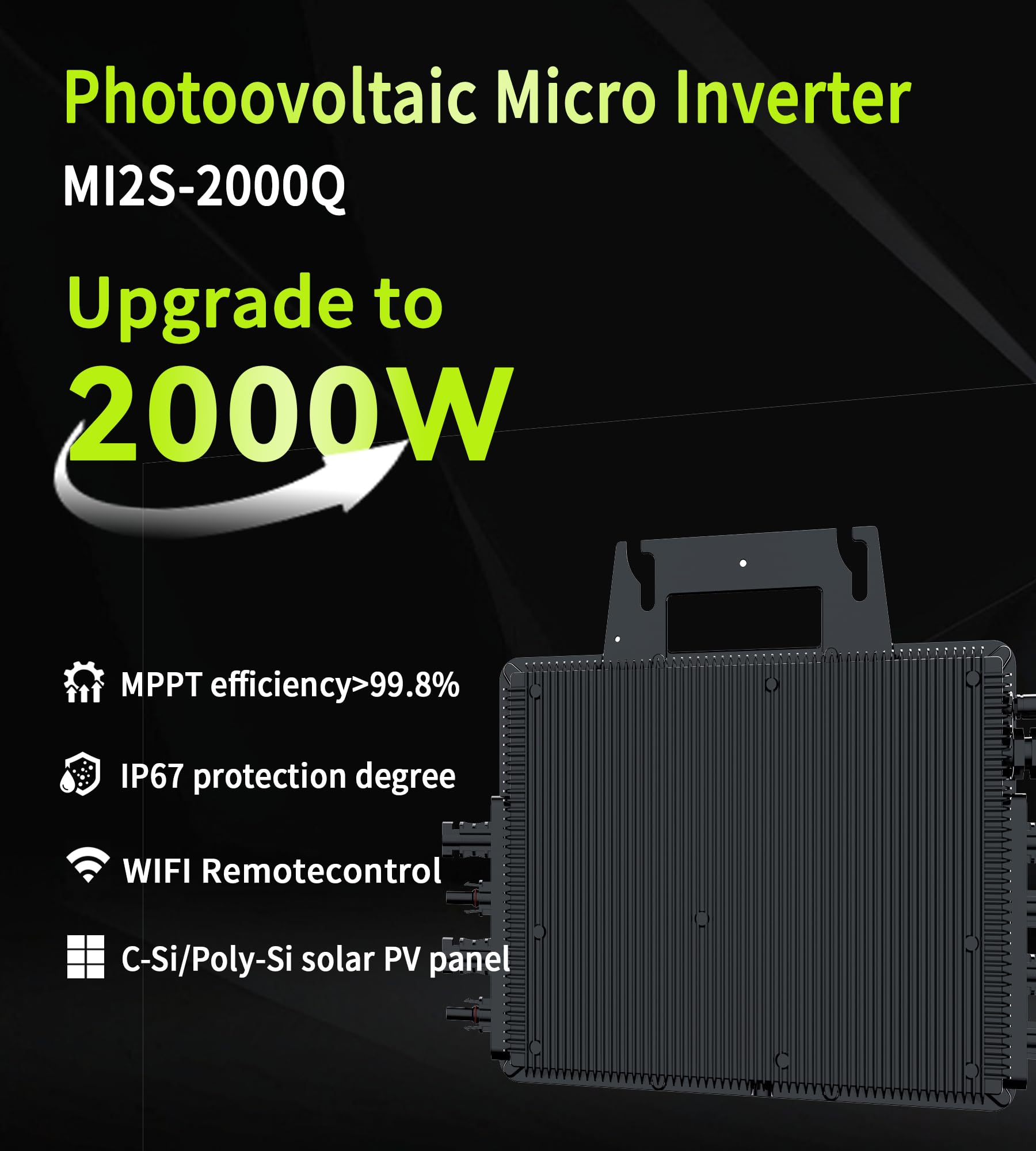RC Mikrowechselrichter 2000W für Balkonkraftwerk, 26-60V DC Eingang pro Kanal, 99.8% MPPT Inverter, unterstützt WiFi, App Fernüberwachung, IP67, 0% Mehrwertsteuer