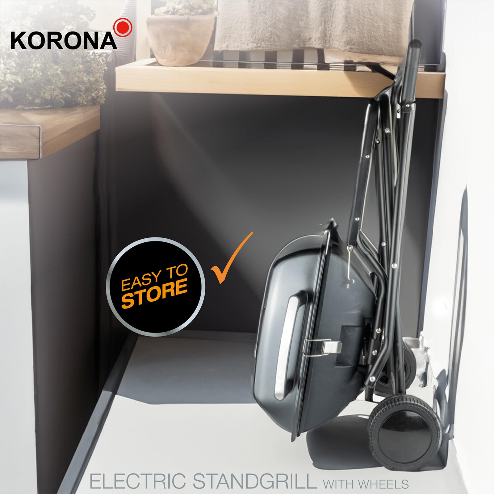 Korona 46222 Elektryczny grill stojący na kółkach, 2400 W, dzielona powierzchnia grillowania XXL, ryflowana i gładka, z pokrywą i wskaźnikiem temperatury