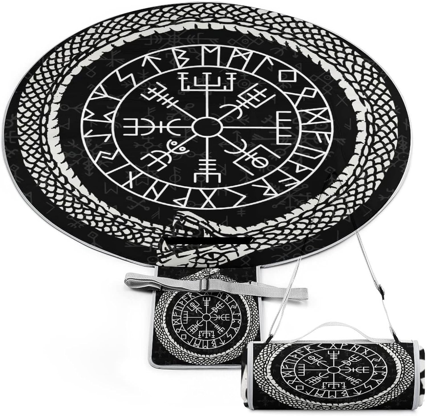 NOKTAI Round Portable Outdoor Picnic Blankets Beach Mat, Norse Viking Mythology Totem for Spring Summer Camping, Beach, Park, Patio On Grass (Color : Jormungandr C, Size : 148 x 148CM)