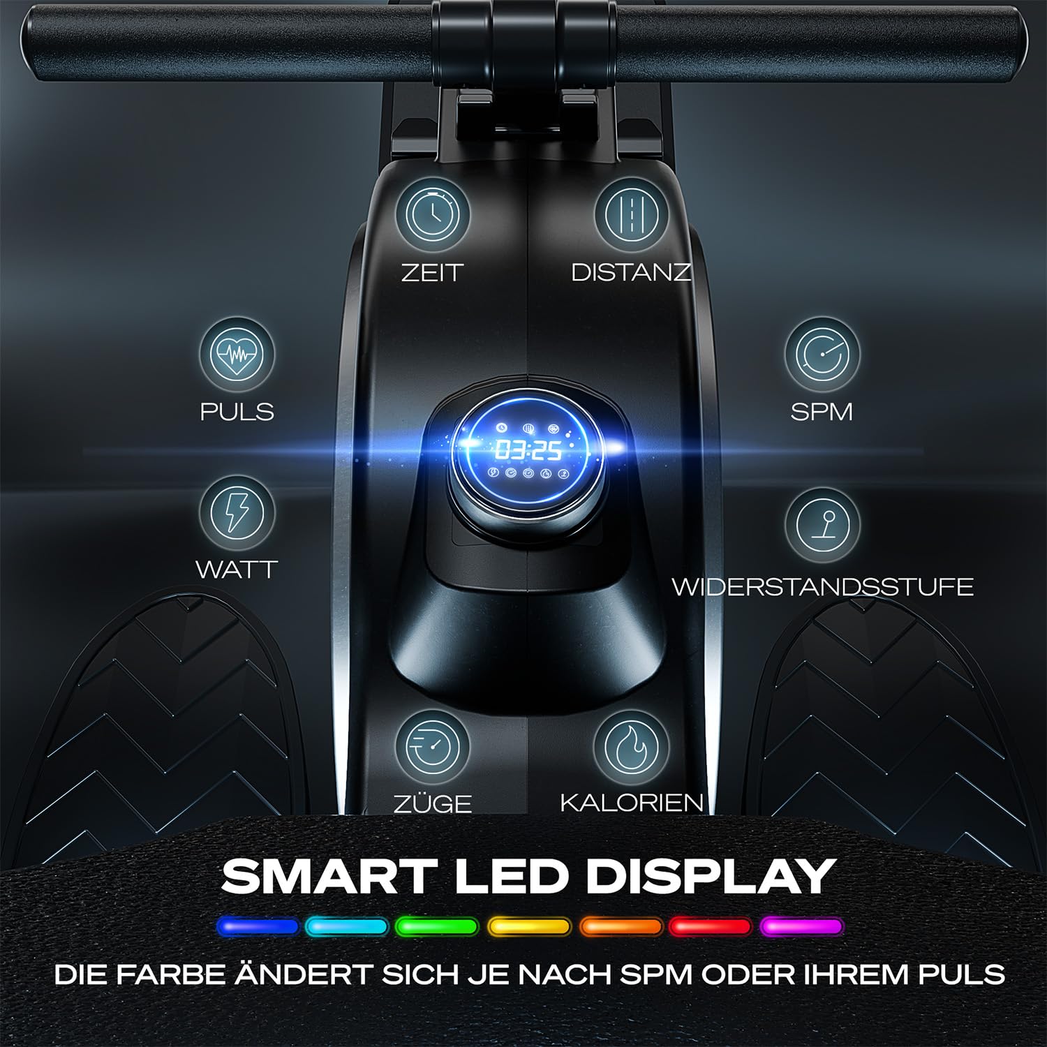 Sportstech Rudergerät für Zuhause + 32 Stufen Magnetwiderstand PROwer | Dual Slide Rail, LED Knob Display, bis 150 kg, Bluetooth App, leise, vertikal verstaubar