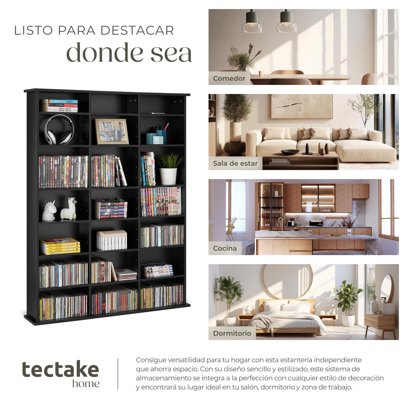 tectake® Estantería Pared con Efecto Madera, 21 Compartimentos, Estantes Ajustables en Altura y Extraíbles, Estantería Libros y Cds, Elegante Mueble Almacenaje, Superficie Resistente - Negro