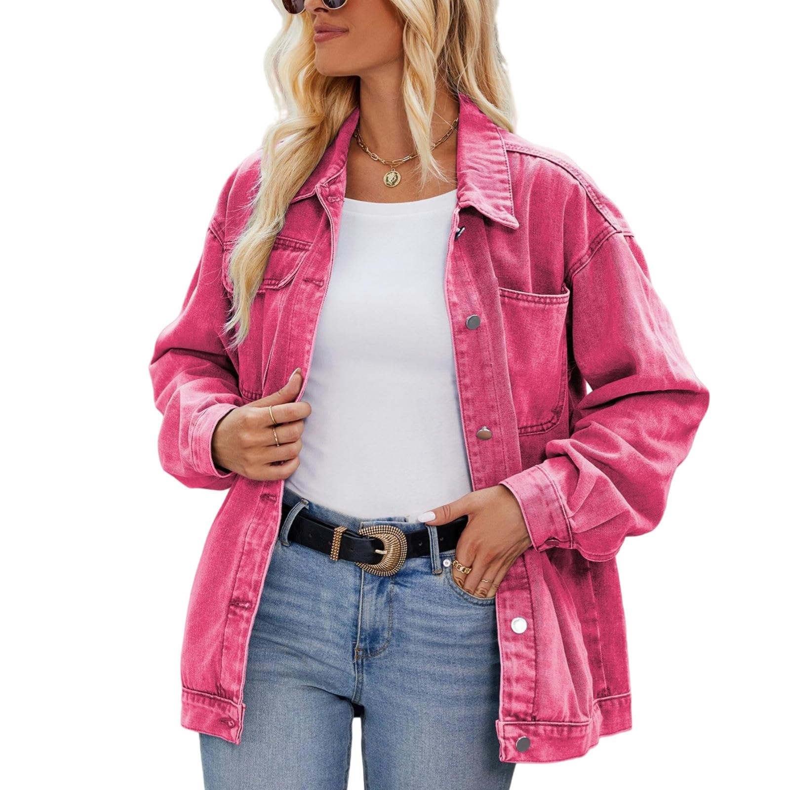 Giacca Jeans Donna Giacca di Denim Donna Vintage Giacca di Denim Button Down Felpa Autunno E Inverno Top-Rosa-XL
