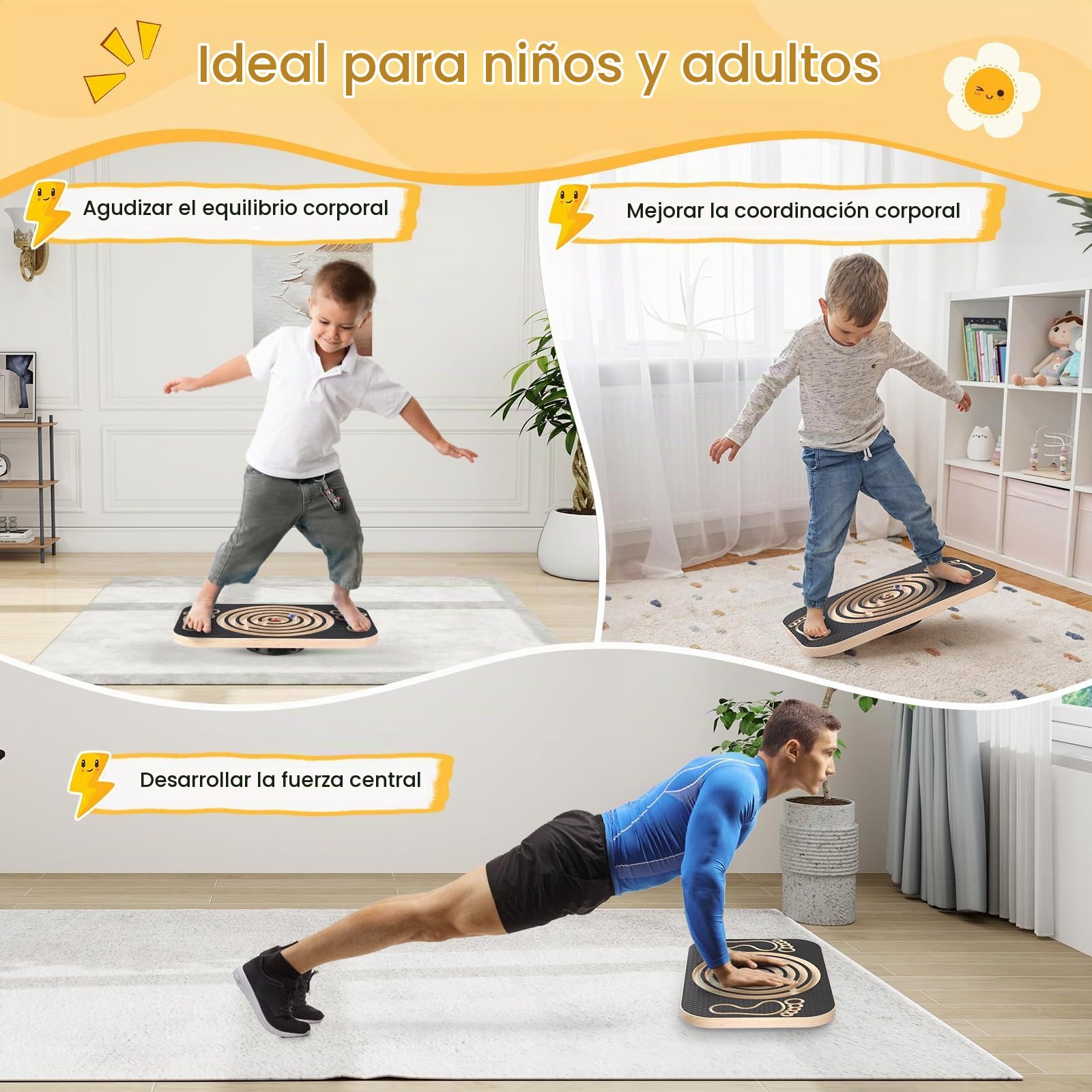 Tabla de equilibrio de madera para niños y adultos, con 2 laberinto de bolas integrado,Superficie Antideslizante
