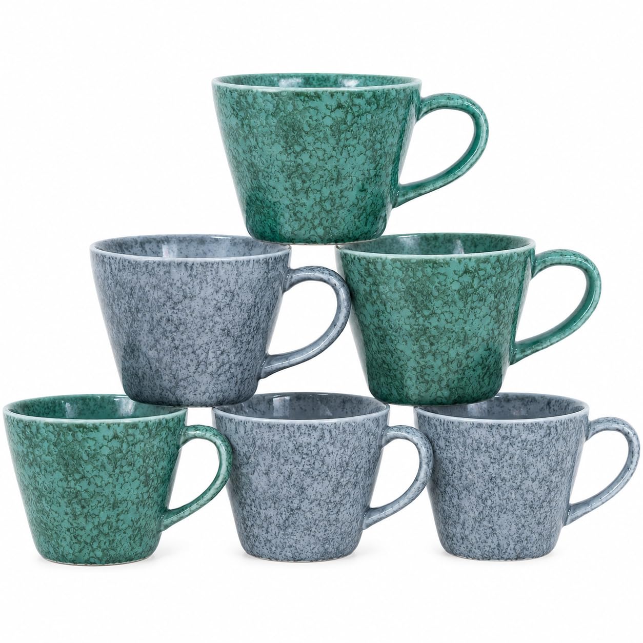 myGrtfam Granite Effect Stoneware Mugs, Set of 6, 12 oz, Reactive Grey and Emerald Green Glaze, Microwave & Dishwasher Safe, 14 x 10 x 7.5 cm