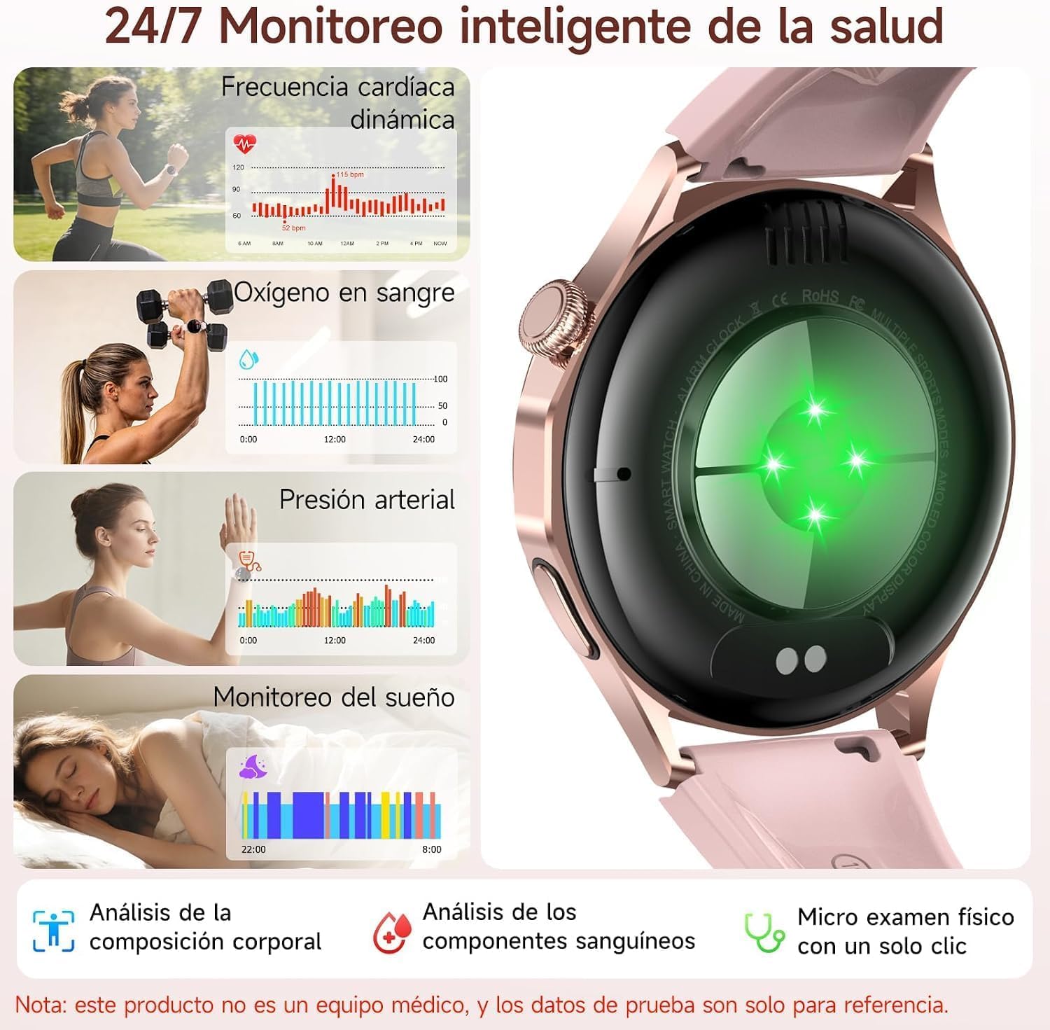 Reloj Inteligente Mujer con Presión Arterial, ECG+HRV/BMI/Micro Chequeo