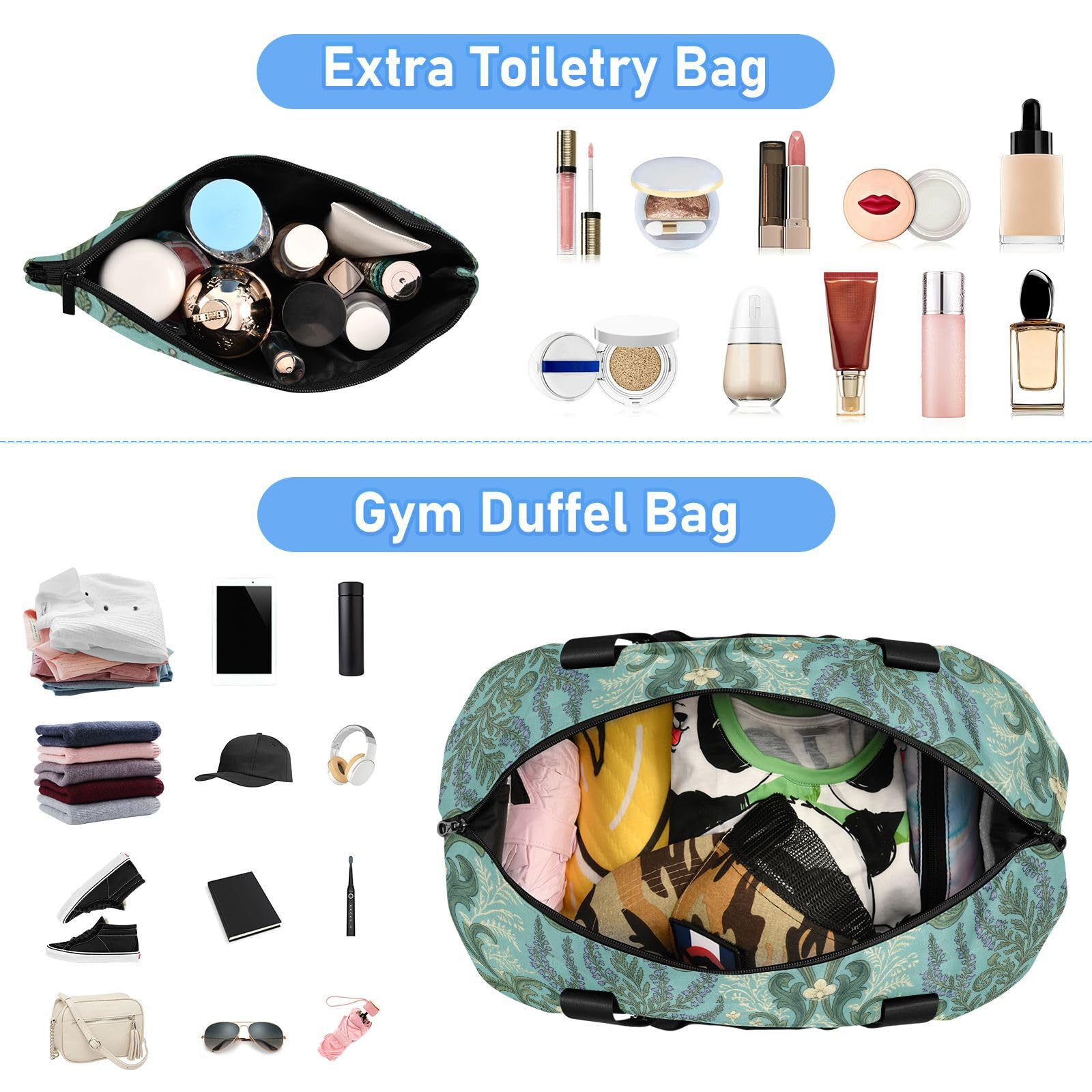 Bolsa de transporte grande con diseño francés clásico con bolsillo húmedo y correa ajustable, bolsa de gimnasio para viajes, juego de 2 piezas para hombres y mujeres
