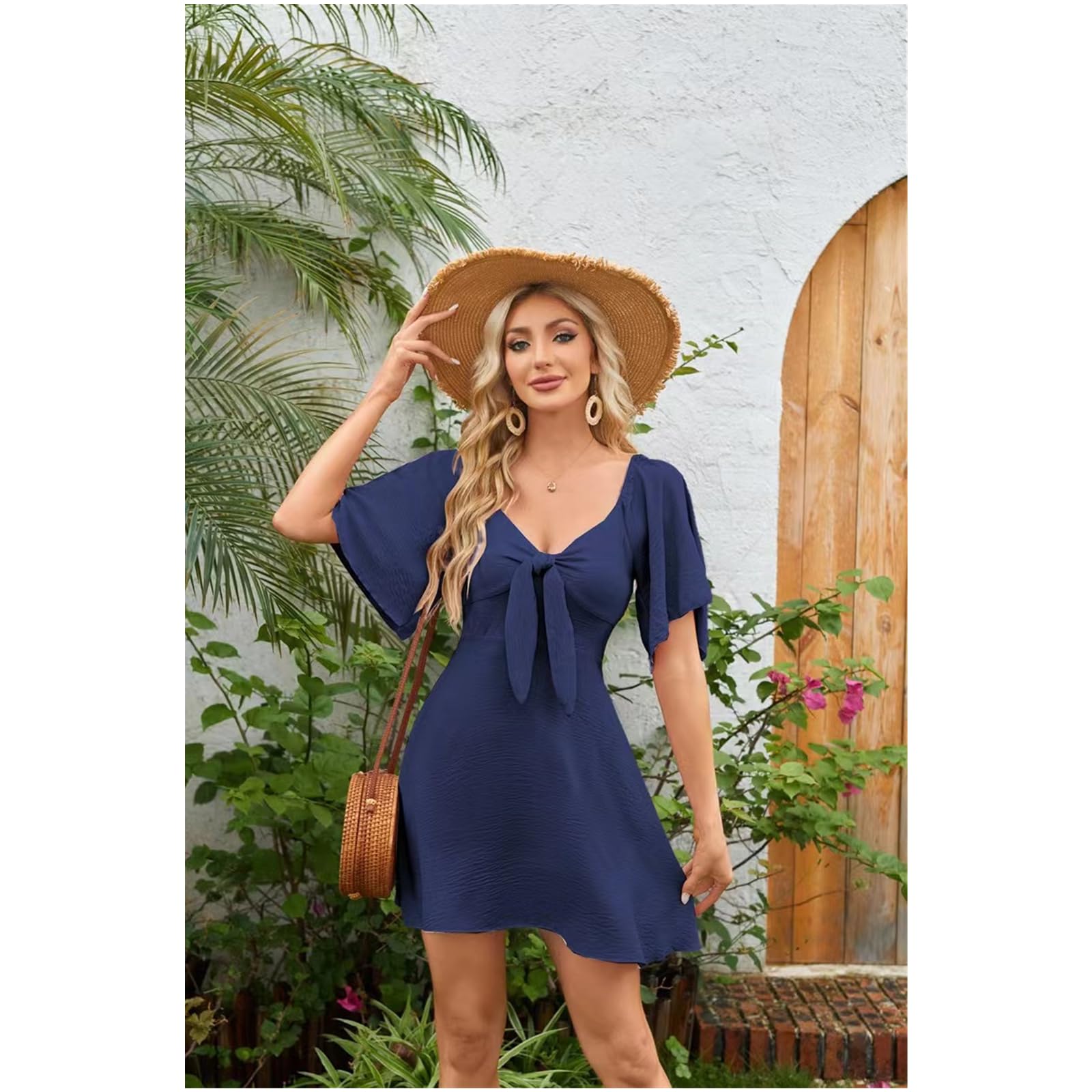 Vestido de Verano Vestido de Mujer Vestido Casual de Manga Corta Vestido de Cuello V Corbata Flores Frente Al Vestido de Verano, HUTALIM, e, s
