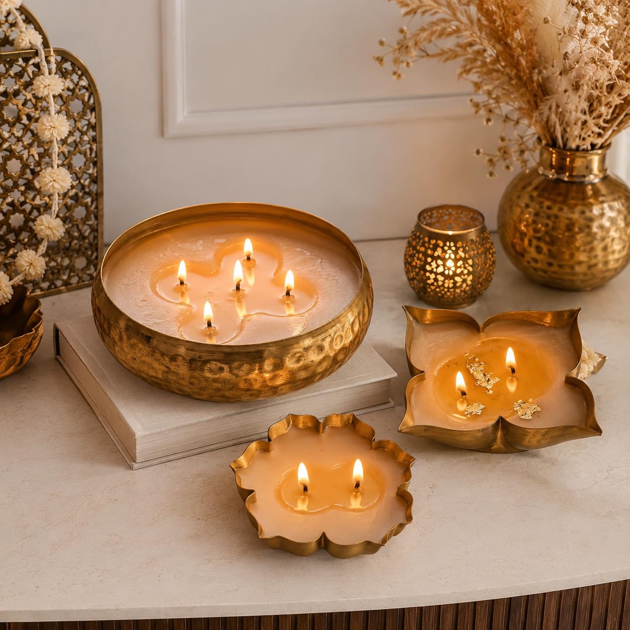Urli Candle Set of 3 – Sandalwood Scented Soy Wax Brass Urli Candles for Home Decor, Pooja Decoration, Festive Diwali Decor, Non Toxic Aromatherapy Romantic Gift Set-image-33