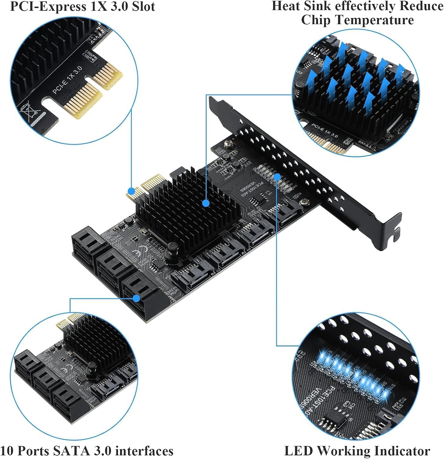 Carte PCIE 1X SATA 10 Ports, Carte d'extension PCI Express 3.0 à contrôleur SATA 3.0 6 Gbps, supportant 10 périphériques SATA 3.0, avec Support à Profil Bas et 10 câbles SATA (ASM1166+JMB575)