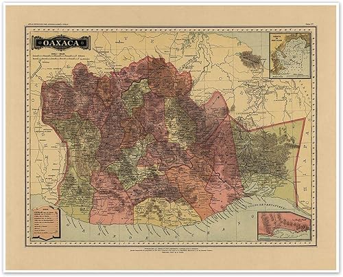 Antiguos Maps Estado Libre y Soberano de Oaxaca de Atlas Mexicano circa 1884  Póster decorativo vintage para pared, 24 x 30 pulgadas (24.016 x