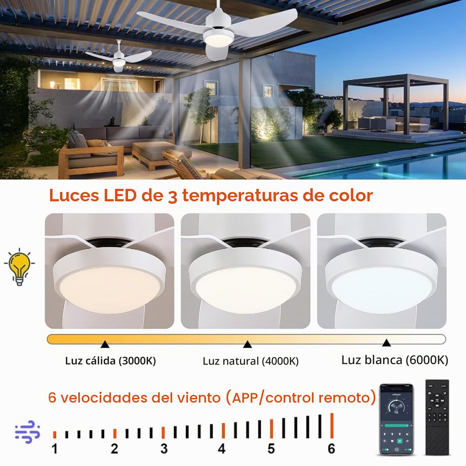 106CM IP65 Exterior Ventilador de Techo con Luz Outdoor Lámpara de Techo con Ventilador Regulable Lámpara de Techo con Mando a Distáncia Lámpara con Ventiladores para Pabellón Patio Jardín Balcón