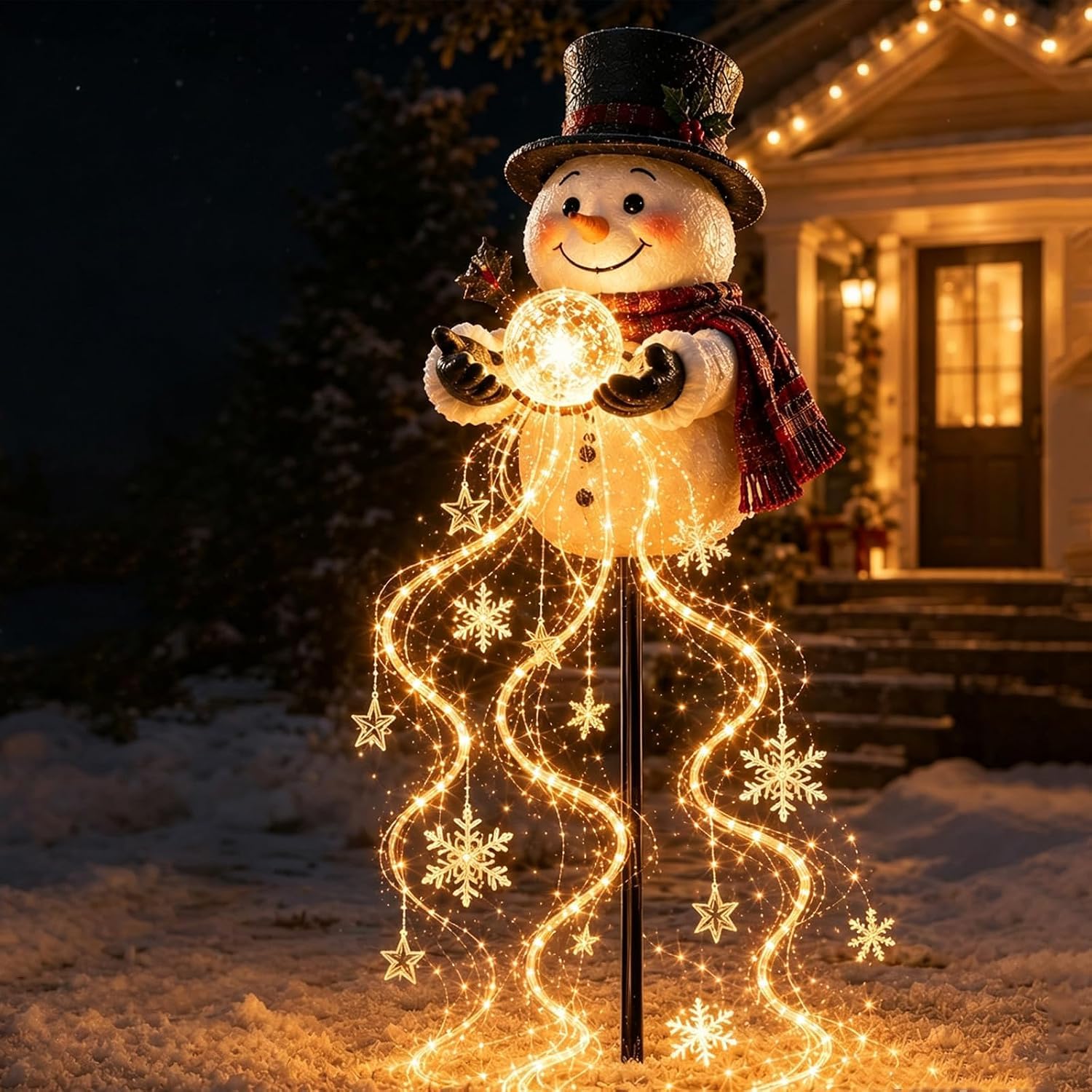 Snowman Magic Fountain, Flowing Snowflake LED Christmas Garden Light, Solar Snowman Gardens Stakes Light, Cascading Snowmans Christmas Stake Lights for Yard Garden Pathways Porches Xmas Decor-01
