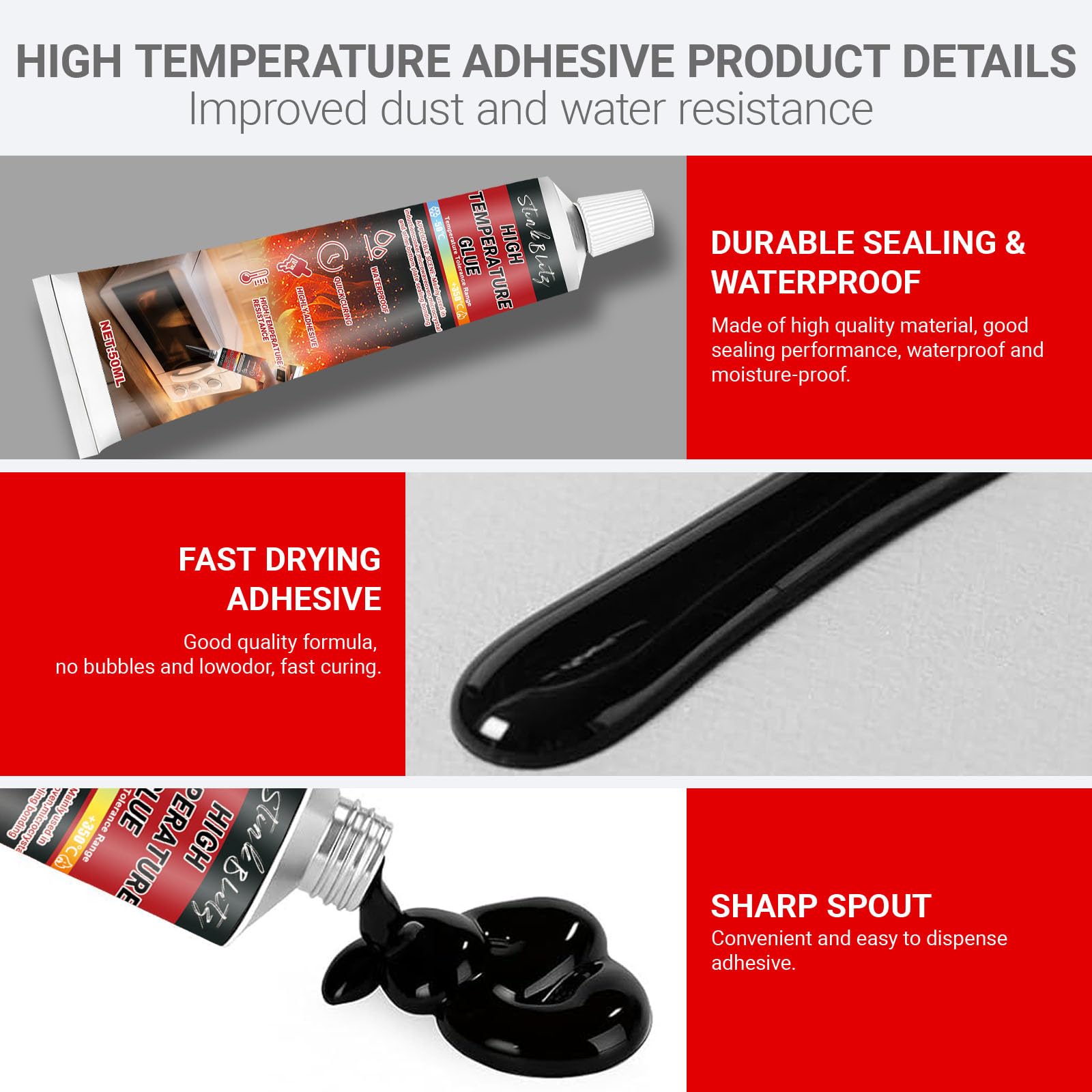 Sigillante Alta Temperatura, Colla Alta Temperatura Nero, Colla per Cavi di Tenuta,Adesivo Resistente al Calore Adatto per Porta Forno,Elettrodomestici,Caminetti, Stufe, Scudi Termici,50ml,2 Pezzi
