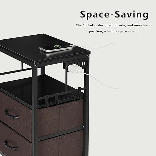 Miniatura 7 de Mesita de noche con estación de carga, mesa auxiliar con cajones de tela y estante abierto, mesita de noche para decoración de dormitorio, mesita de