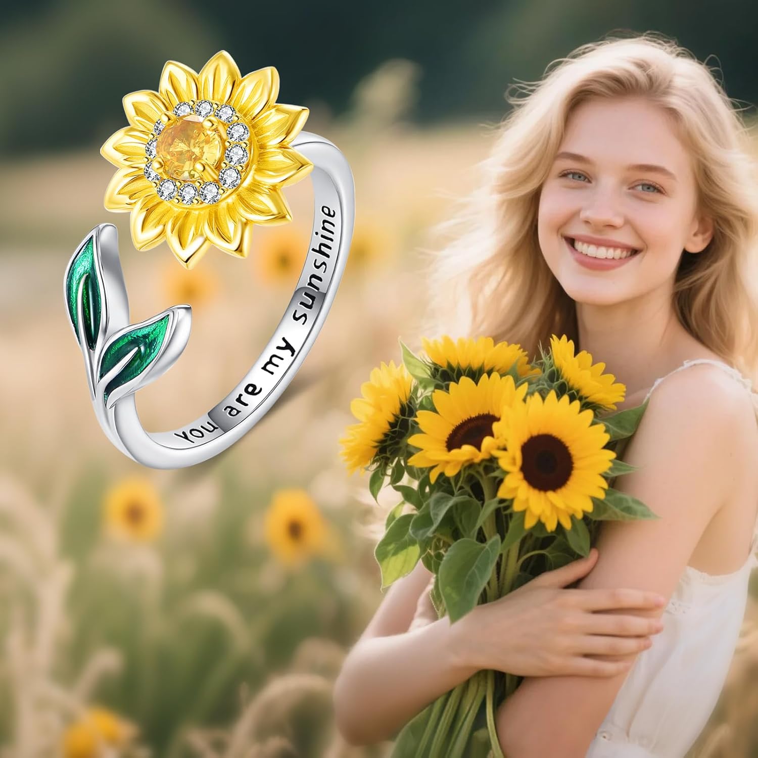 Spinner Sunflower Ring Sterling Silver Thumb Open Ring Anxiety Stress Relieving Rings Jewelry Gifts for Women Men