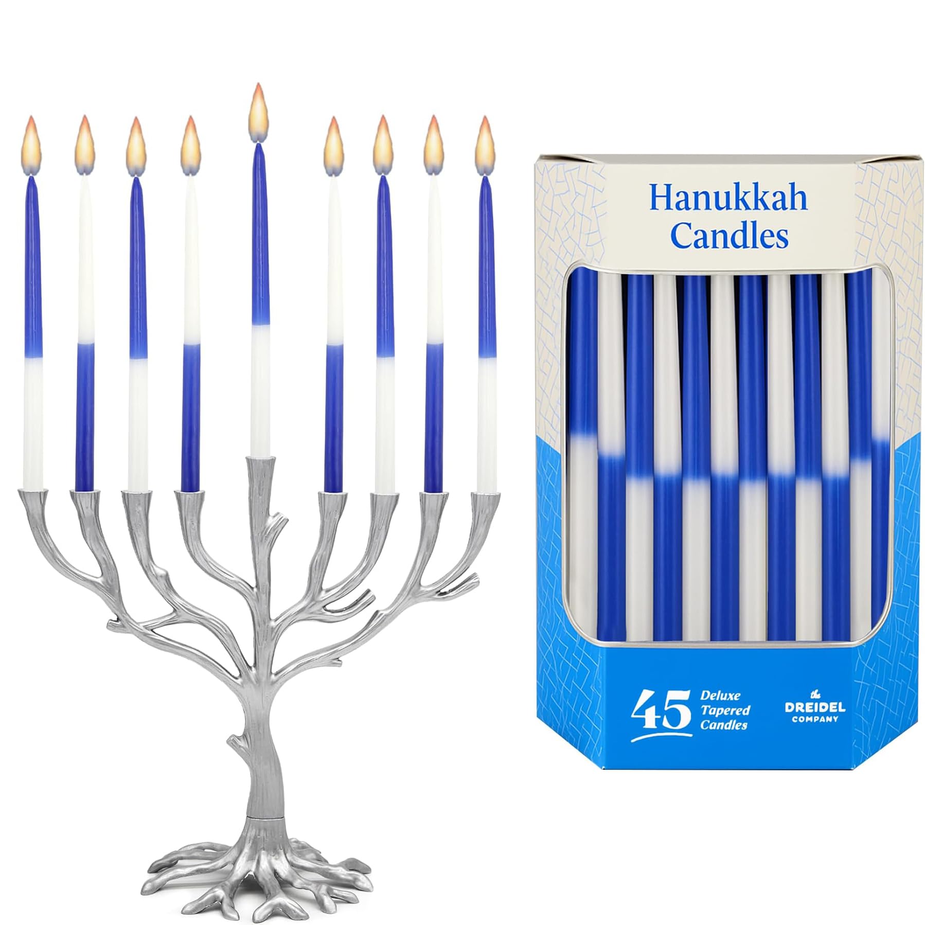 The Dreidel Company Deluxe Tapered Hanukkah Menorah Half and Half Navy Blue and White, Candles for All 8 Nights of Chanukah (Single)