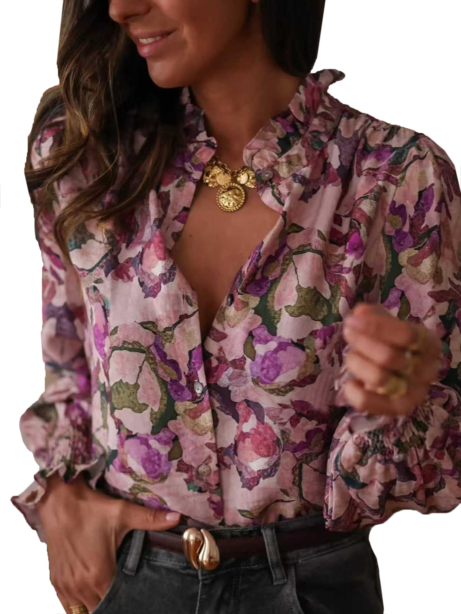 Chemises À Boutons pour Femmes Manches Longues Coupe Ample Col À Volants Chemise Blouse À Imprimé Floral Vintage